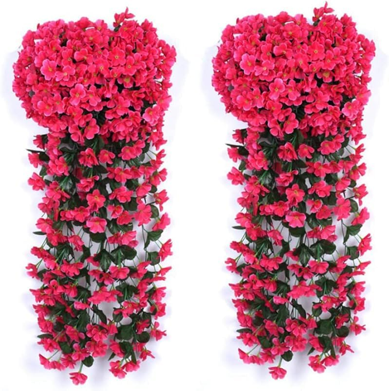 JLHOUSE AU7041-3 Fake Hanging Flower Plants Colorful Orchid Flower Bouquet 2 Pack Artificial Hanging Violets Flowers for Wall Home Room Garden Wedding Indoor Outdoor Summer Decoration (Pink)