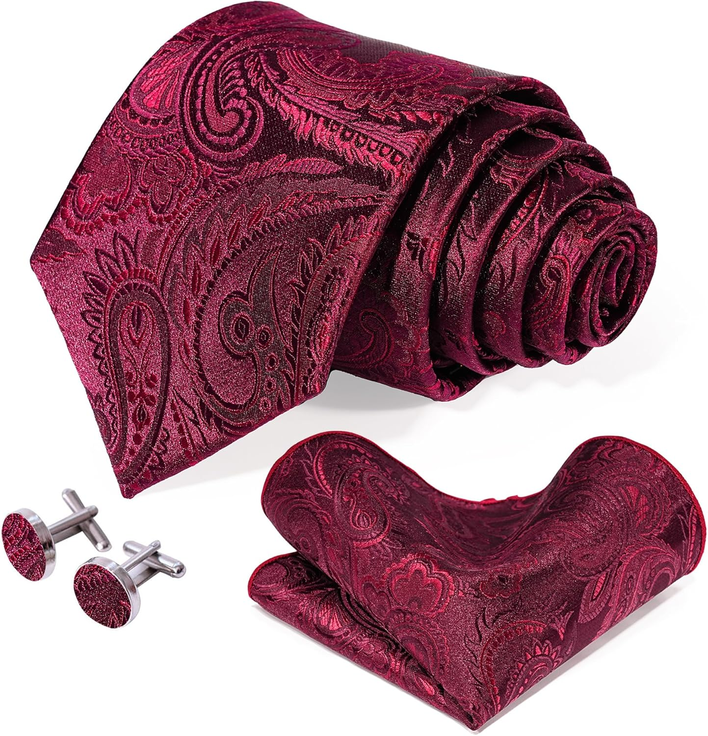 5PCS Paisley Tie and Pocket Square for Men, Silk Tie Handkerchief Cufflinks with Drilled Tie Ring and Lapel Pin Set