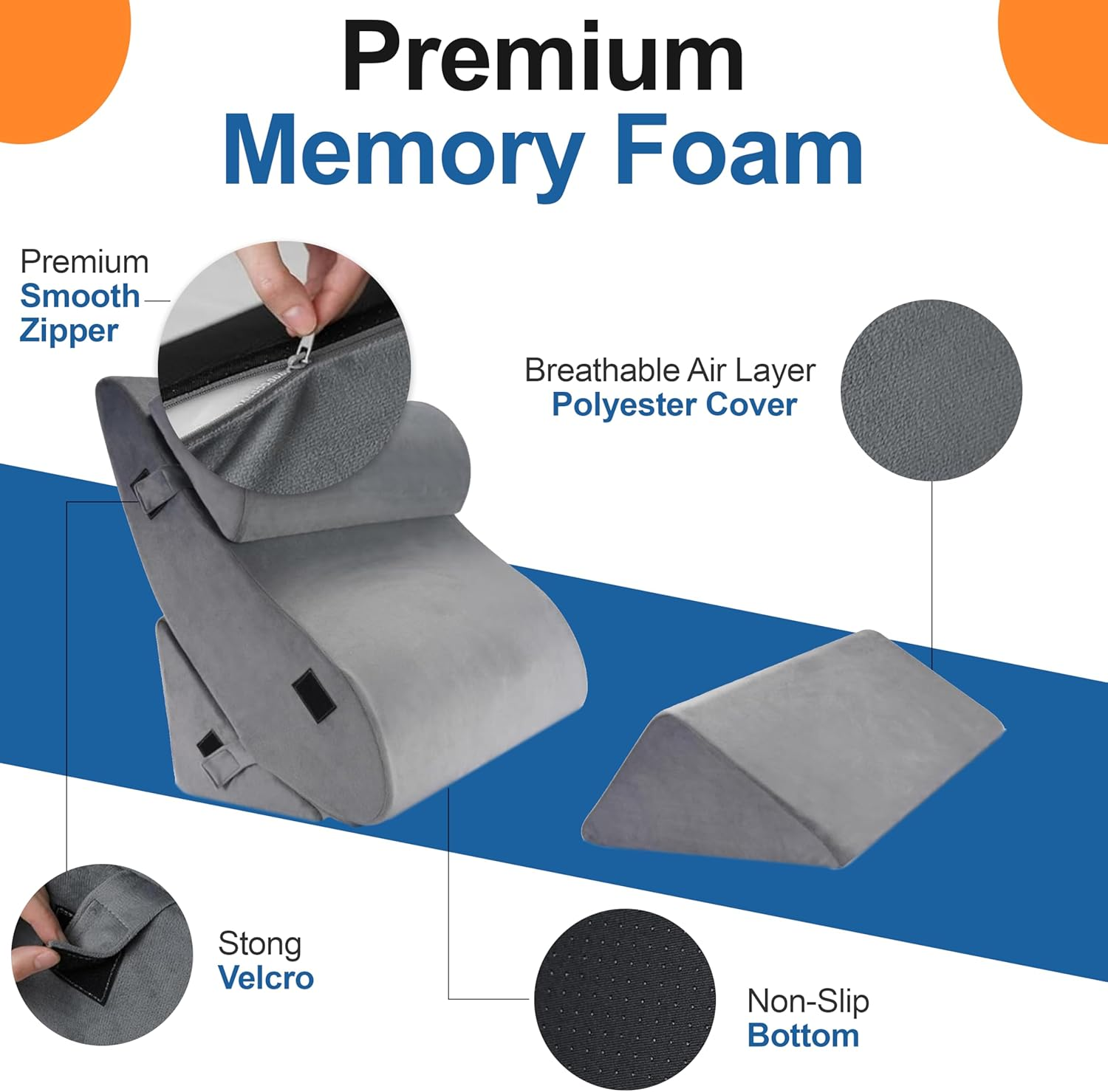 4 Pcs Orthopedic Bed Wedge Pillow for Sleeping - Memory Foam Pillows for Back, Neck & Leg Support, Ideal for Pain Relief & Snooring - Wedge Pillow Set with Machine Washable Cover image number 6