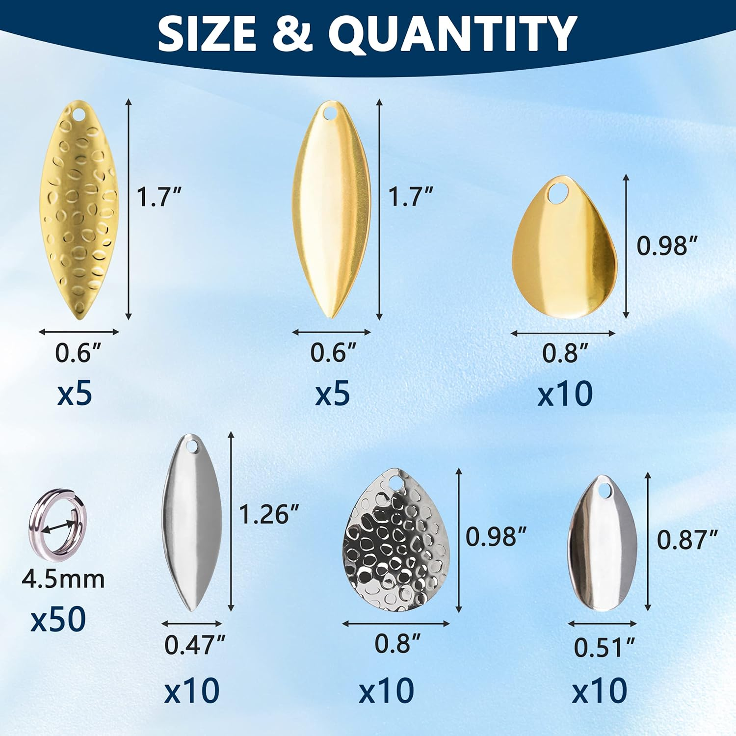 OROOTL Fishing Spinner Blades Split Rings Kit, 100Pcs Colorado Willow Blades Lure Rings Set Gold Silver Spoon Easy Spin Spinner Bait Making Freshwater Saltwater Walleye Rig Inline DIY Accessories image number 5