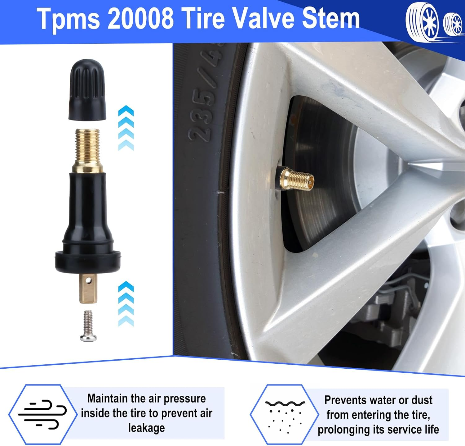 5 PCS TPMS 20008 Tire Valve Stem, Snap-In Rubber Tubeless Tire Pressure Sensor Valve Stem, TPMS Valve Stem Replacement, Compatible with Enclave Escalade Avalanche Sierra image number 1