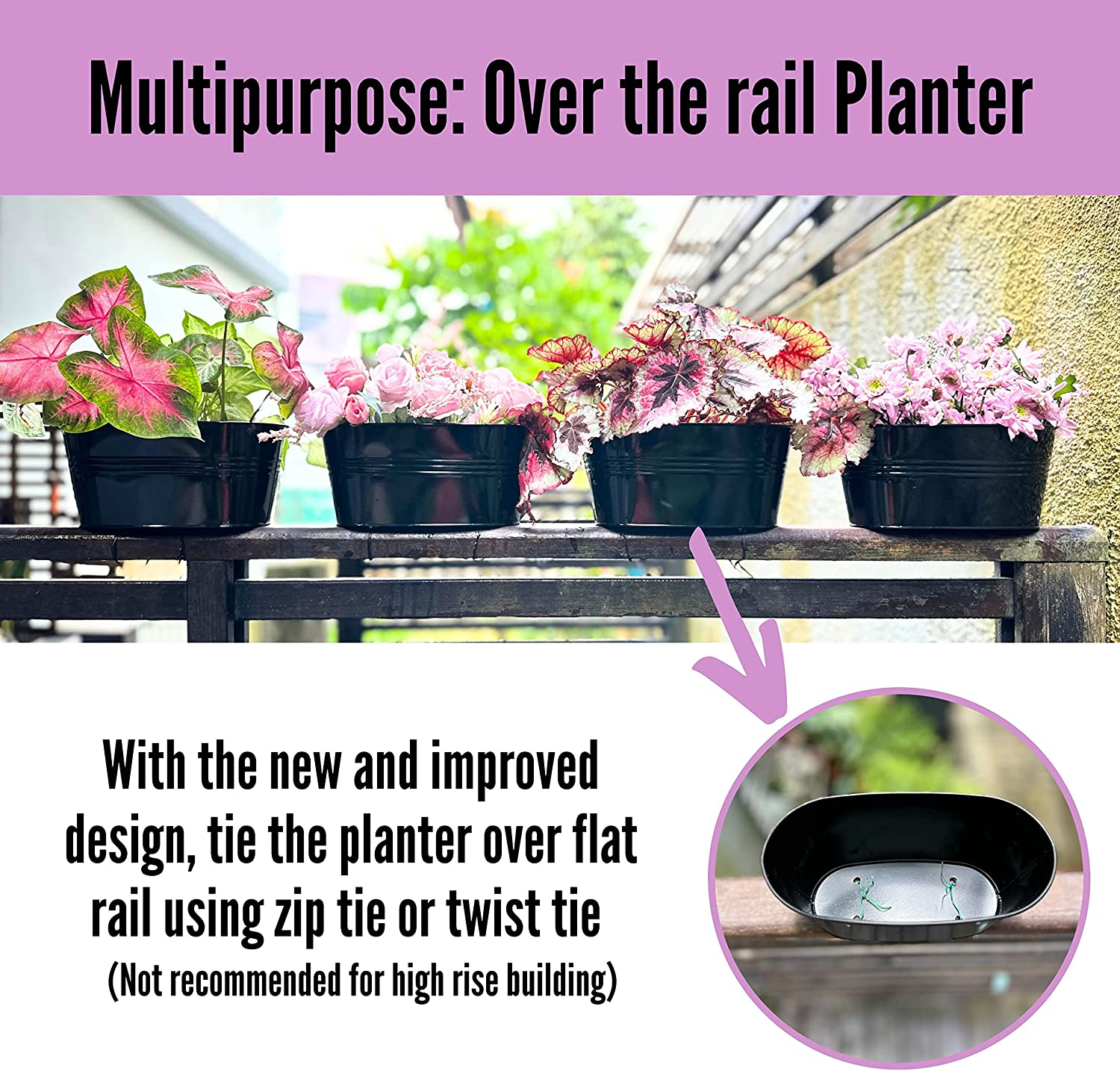 L&aacute;l&aacute;green Outdoor Rail Planter - 4 Pack, 11 Inch Black Metal Iron Hanging Flower Pots Deck Railings Fence Buckets Modern Countryside Boho Style Wall Mount Window Box Plant Holder Hooks Porch Decor