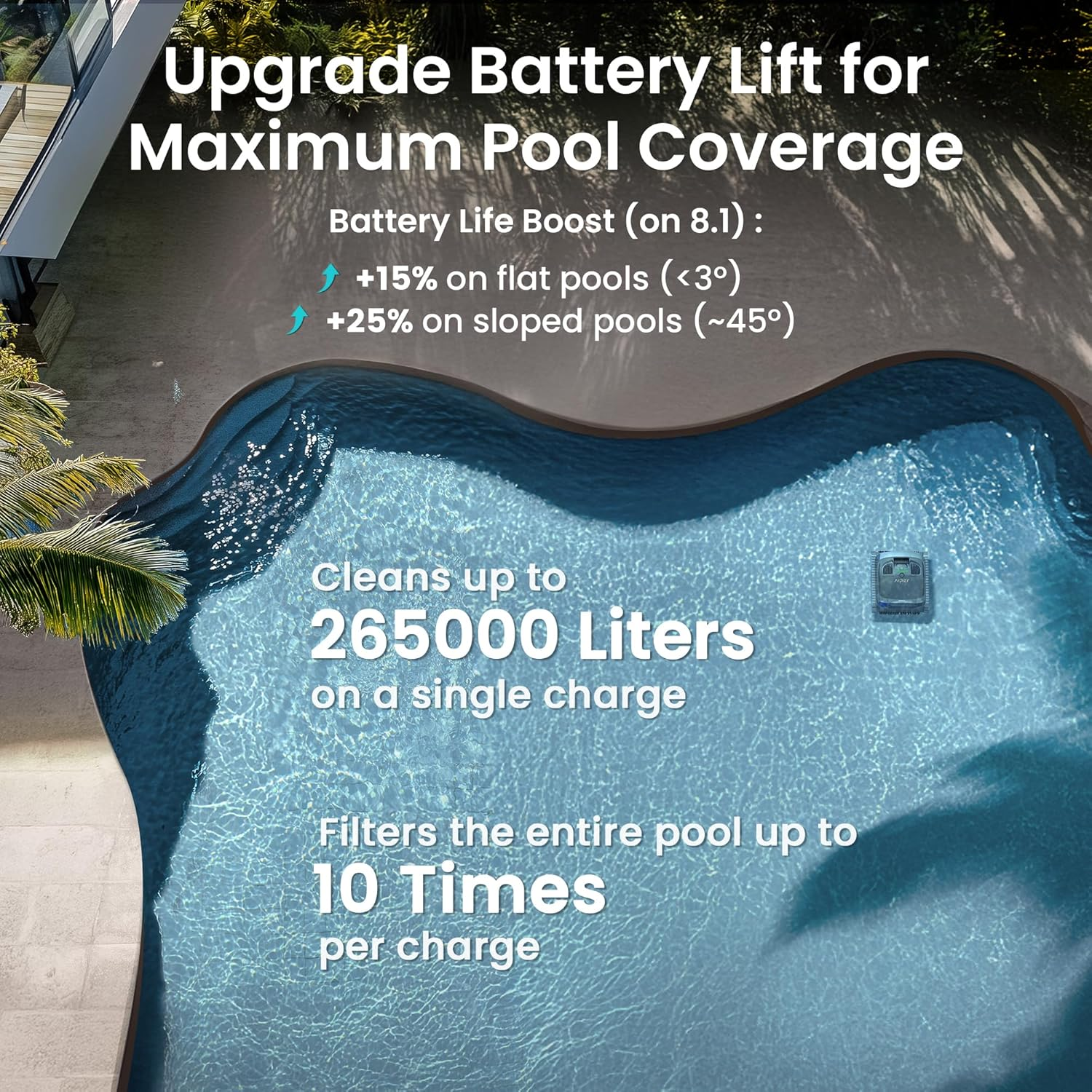 AIPER Scuba X1 Cordless Robotic Pool Cleaner, Upgraded Battery Life and Cross Pattern Smart Navigation, Horizontal Waterline Scrubbing, Ideal for Inground Pools up to 200㎡ - Gray image number 4