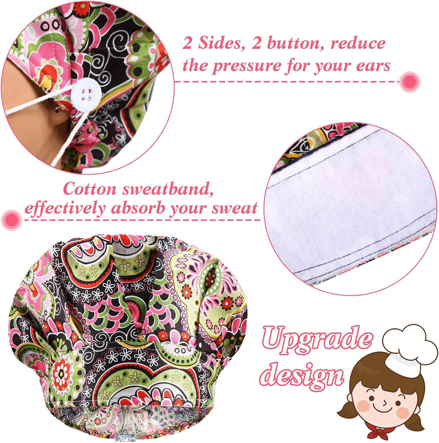 Geyoga 5 Pieces Adjustable Bouffant Caps with Buttons Printed Tie Back Hats with Sweatband Hat for Women Men, 5 Styles, Multi Color, 1 image number 5