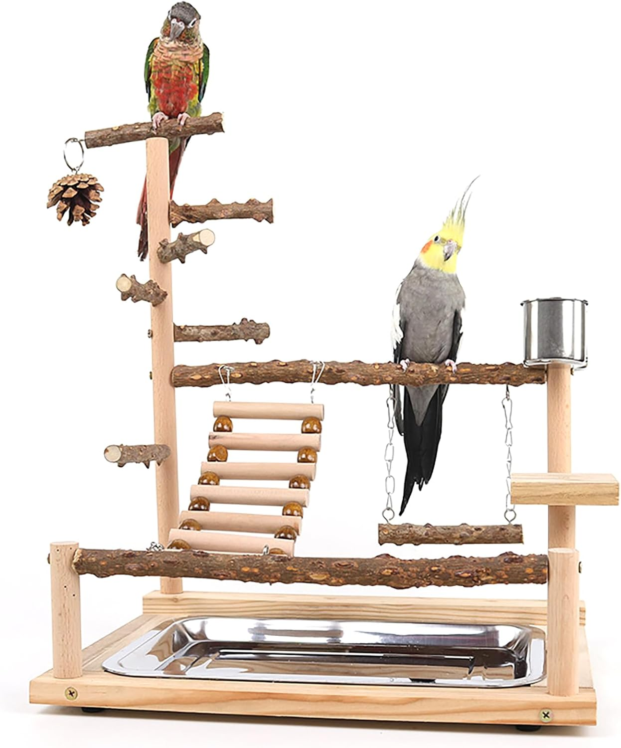 Beaufairy Bird Playground Parrot Play Stand, Parrot Playstand Wood Play Gym, with Swing Climb Natural Wood Playpen Ladder and Tray, for Parakeets, Cockatiels, Bird Cage Accessories, 46*31*70CM, F557