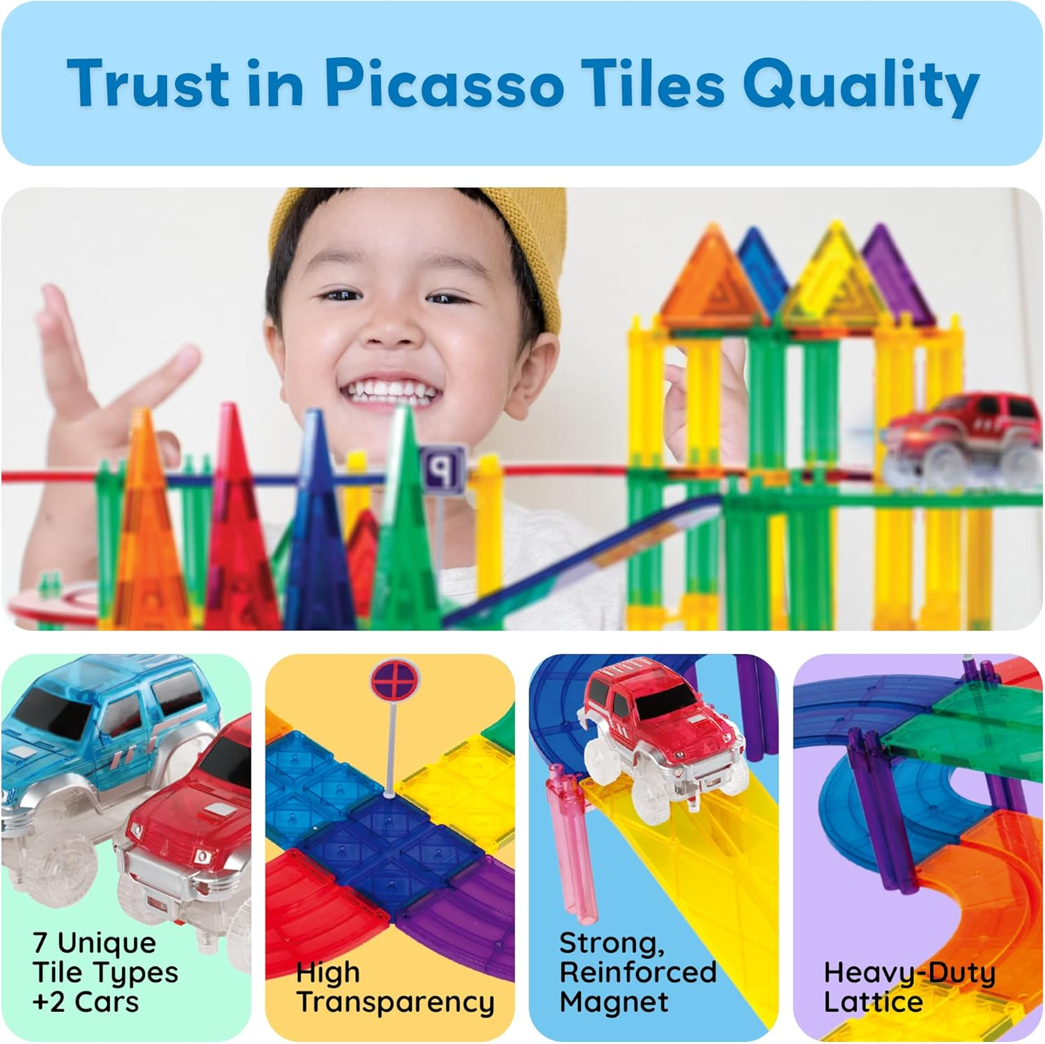 Picassotiles 100 Piece Race Car Track Building Blocks Educational Toy Set Magnet Tiles Block Playset 2 LED Cars STEM Learning Construction Building Kit Child Brain PTR100&hellip;