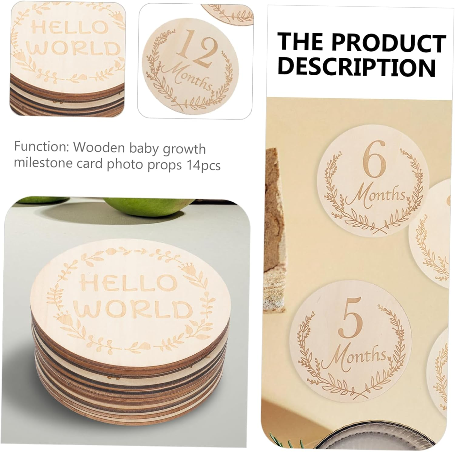 14Pcs Wooden Monthly Growth Cards Unisex Photo Props for Newborn Milestone Tracking Reusable Material for Keepsakes image number 3
