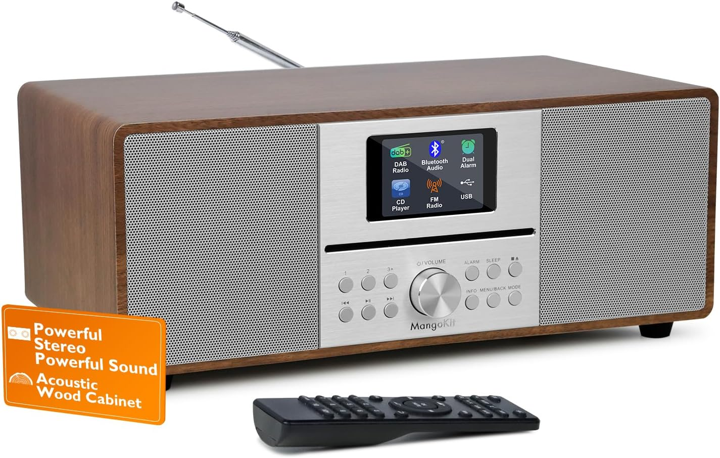Mangokit MS4 CD Player DAB Radio Hifi System I Bluetooth I Powerful Stereo System I Digital Radio Dab+Iacoustic Wood Cabinet I CD Player with Speakers 100W I 40 Presets,Headphone Jack I Walnut Finish image number 1