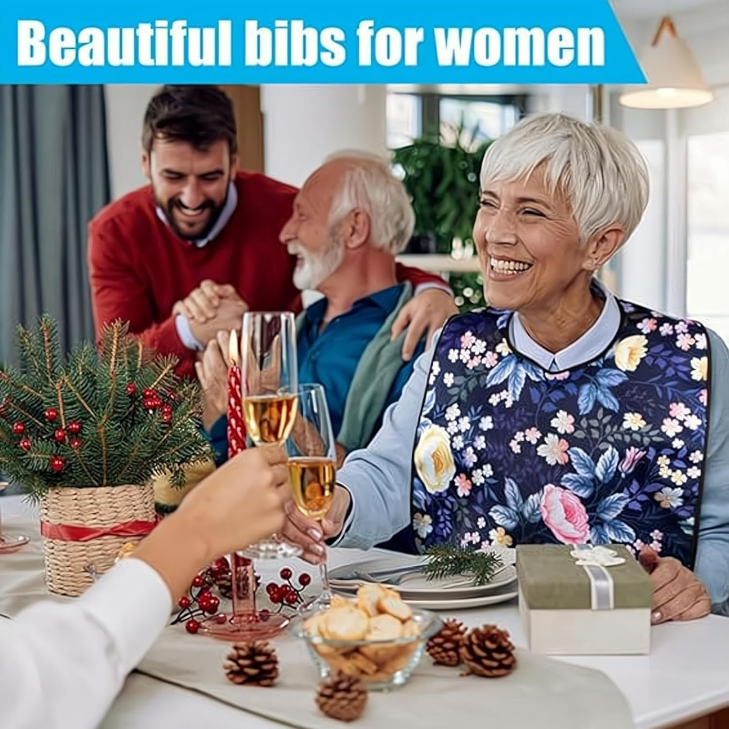 2Pcs Adult Bibs with Crumb Catcher, Adult Bibs for Eating Waterproof and Reusable Mealtime Clothing Protectors for Elderly Women image number 5