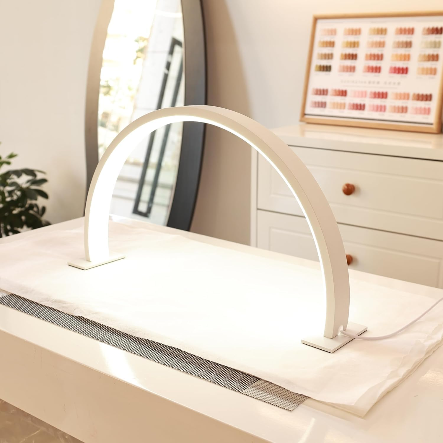 Nail Desk Lamp with Half Moon Light,Led 3D Fill Light, 3 Adjustable Light Colors, Suitable for Beauty, Eyelashes, Nail Art, Skincare, Embroidery, Etc (White) - Pink image number 4