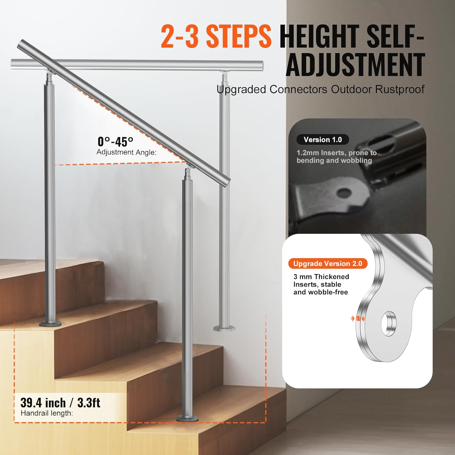 VEVOR Handrails for Outdoor Steps, 39.4In / 100Cm Length Stair Hand Rail Kit, Transitional Stainless Steel Railings with Installation Kit, Double-Column Staircase Handrails for Seniors,Porch & Deck image number 6