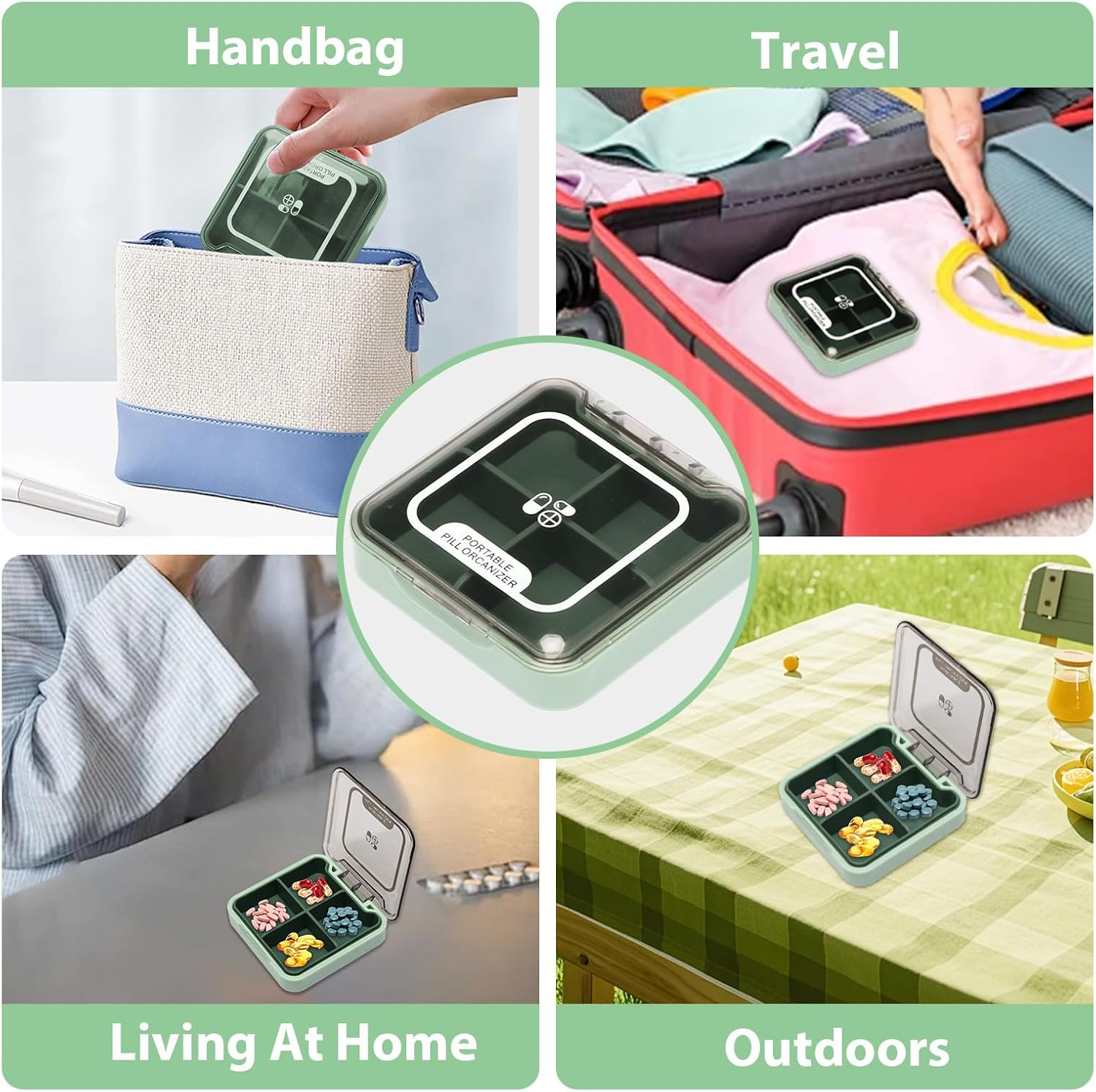 Small Pill Organiser, 4 Compartments Portable Travel Pill Organizer, Sealed Moisture-Proof, Medicine Box for Fish Oil Vitamins Supplements for Daily Travel Work People Carry image number 2