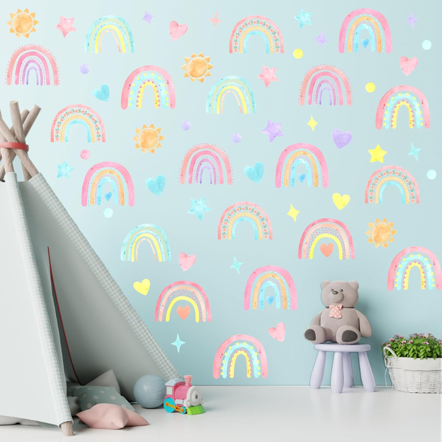 Boho Watercolor Rainbow Wall Stickers Polka Wall Decor Stickers Sun Star Heart Wall Art Stickers for Girls Bedrooms Living Room Decor Baby Nursery Home Office Sofa Decorations