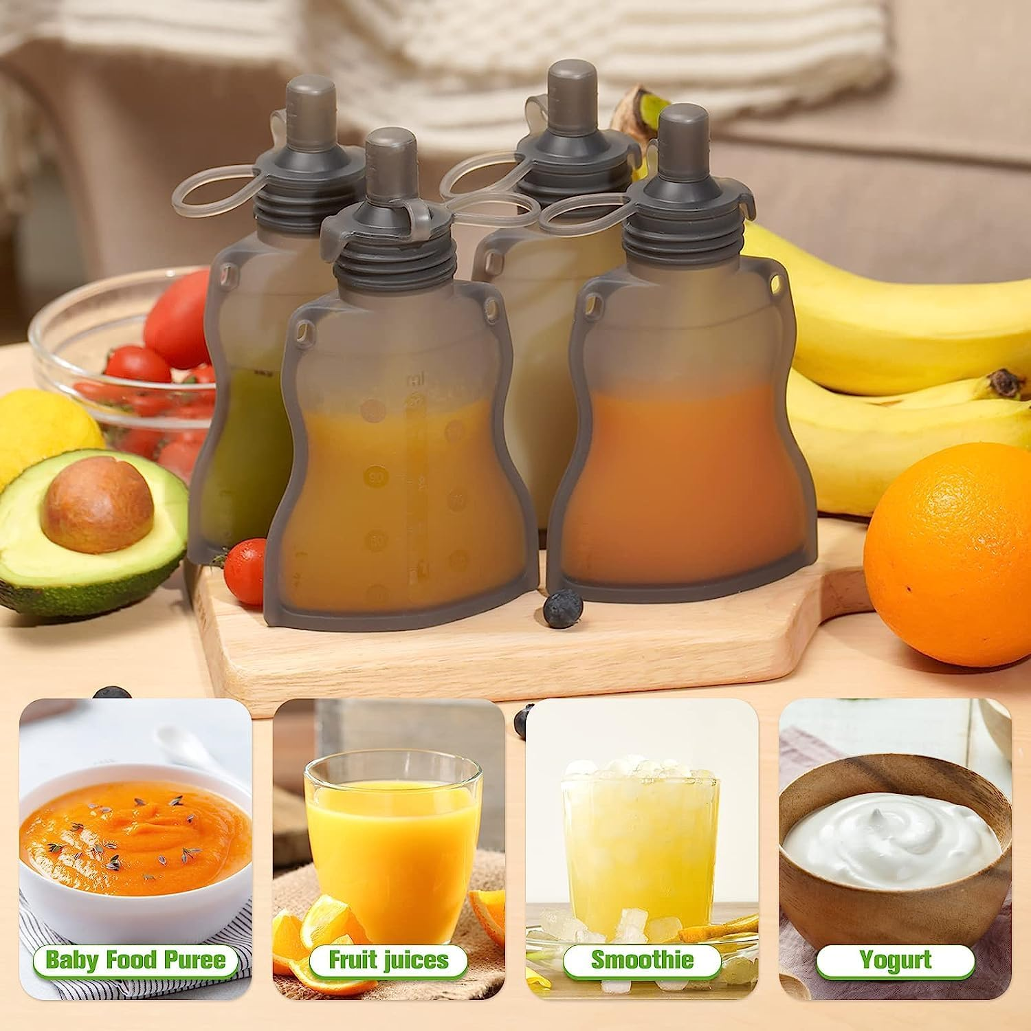 Haakaa Happii Bear Silicone Goody Pouch,Reusable Baby Food Pouches for Homemade Organic Purees, Juices, Smoothies, and Yogurt - Perfect for Toddlers and Kids - 4 Pack, 6Oz image number 1