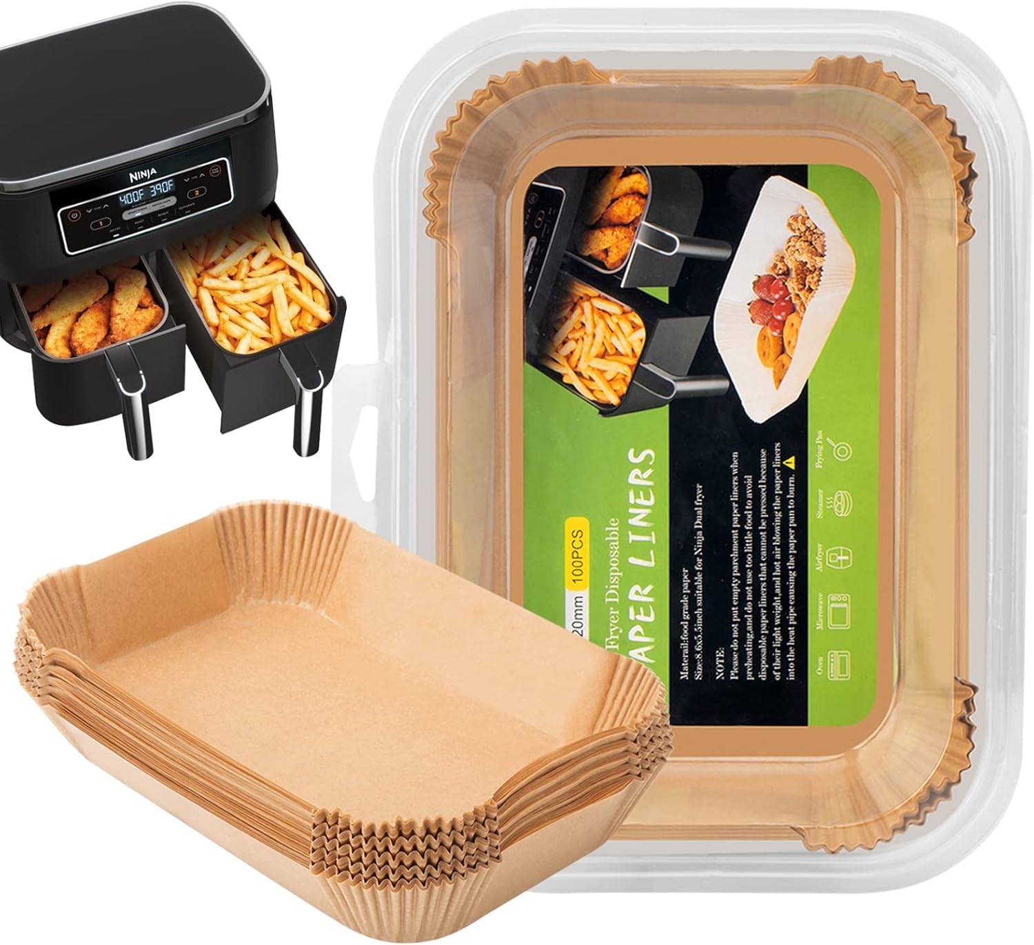 Air Fryer Disposable Paper Liner for Ninja Dual,100Pcs Liners Rectangle 8.6X 5.5'', Parchment DZ201 DZ401, Foodi Dual Accessories Baking