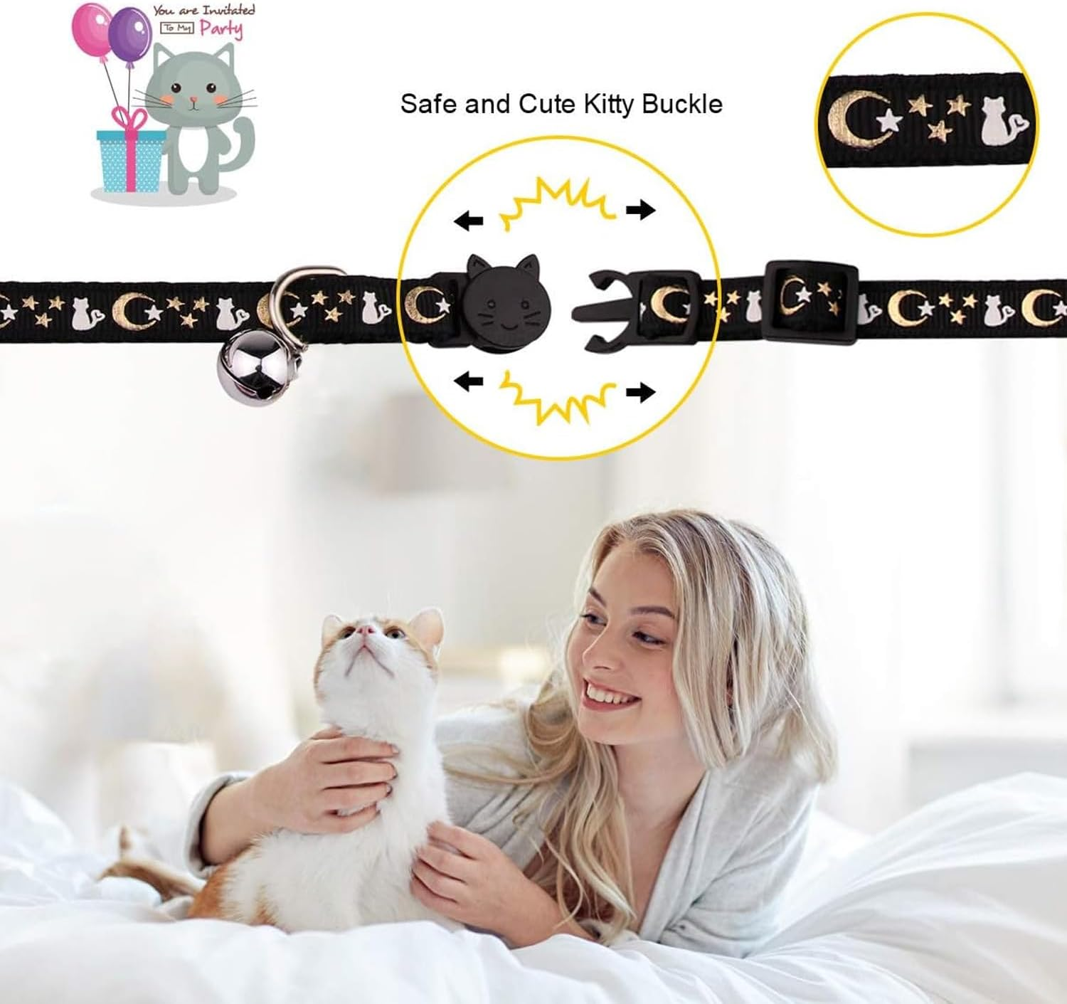 Cat Collars Quick Release,Reflective Night Theme Kitten Collar with Moon and Stars,Breakaway Black Reflective Cute Adjustable Lightweight Collar Cat,For Cats,Kittens,Small Pets(Black) image number 3