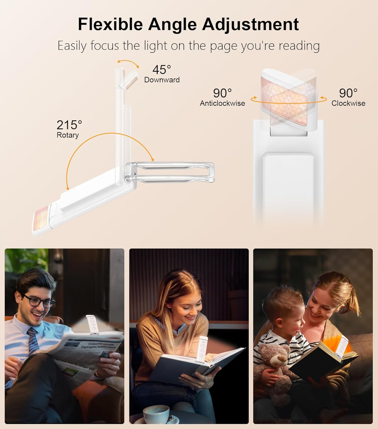 Gritin Book Light Rechargeable, Reading Light Lamp Clip on Books, 3 Eye-Protecting Modes (Mixed/White/Amber), 5 Brightness & Stepless Dimming, Long Battery Life, Flexible Reading Lamp for Readers image number 5
