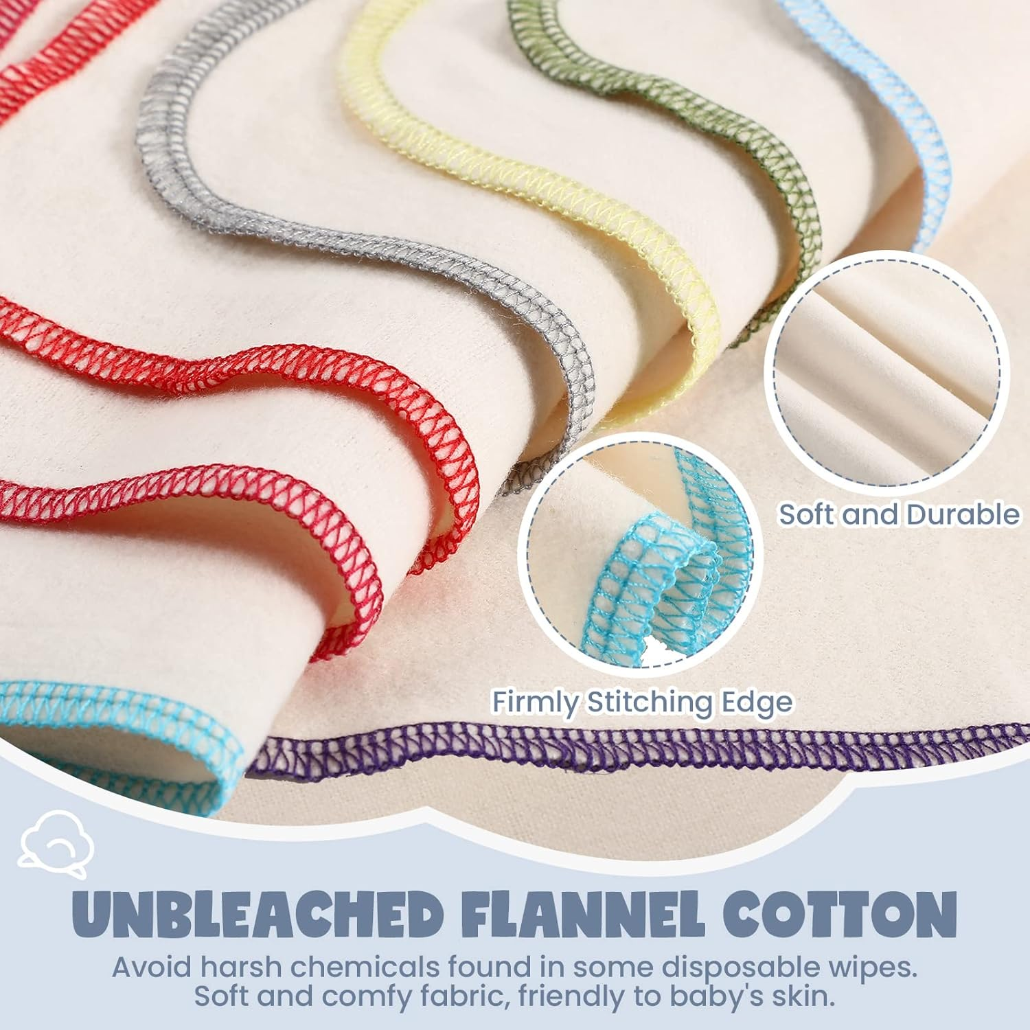 Zopeal 64 Pcs Flannel Cloth Baby Wipes Reusable Dispenser Washable Soft Natural Unbleached Baby Face Cloth Wipes 8 Colors Outer Stitching 8 X 8 Inches image number 4