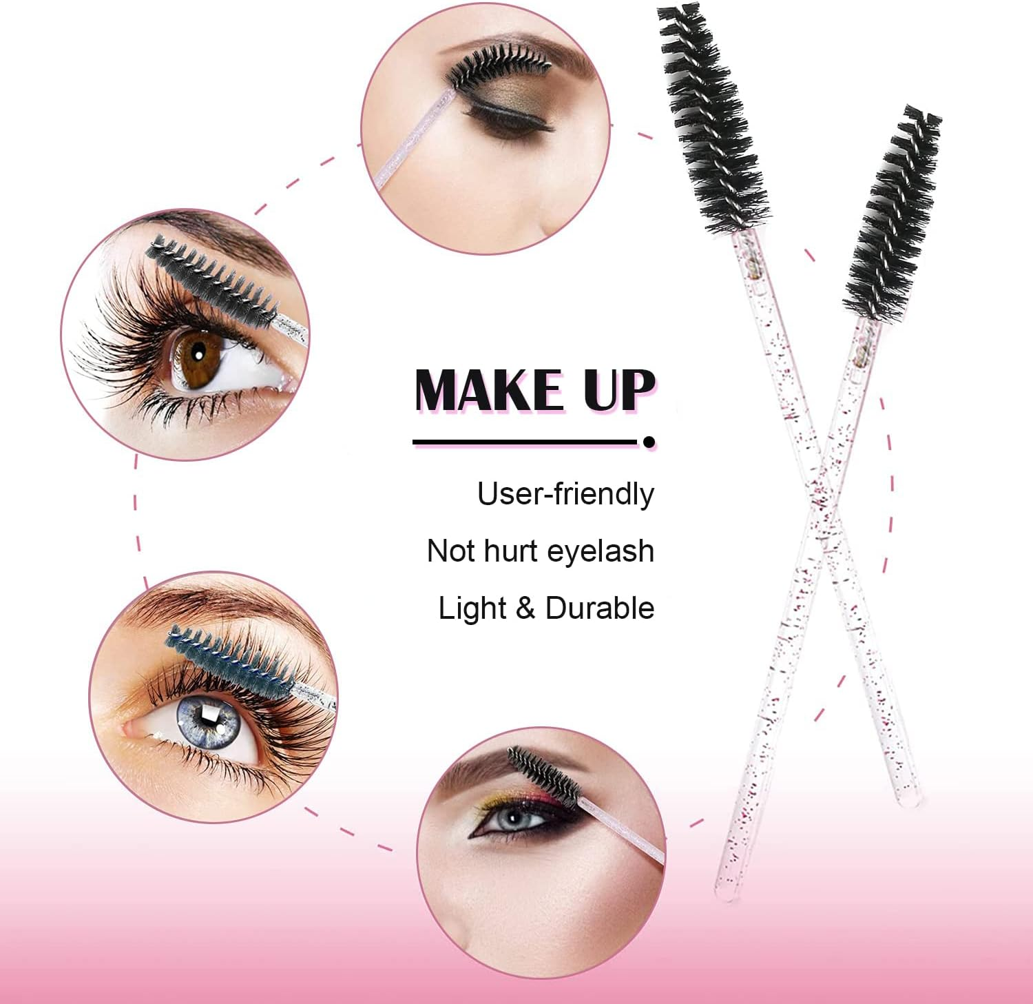 100PCS Eyelash Brush, Disposable Mascara Wands, Eyelash Eyebrow Spoolie Brush for Eyelash Extensions, Eyebrows Contouring and Makeup (Black & Pink) image number 3