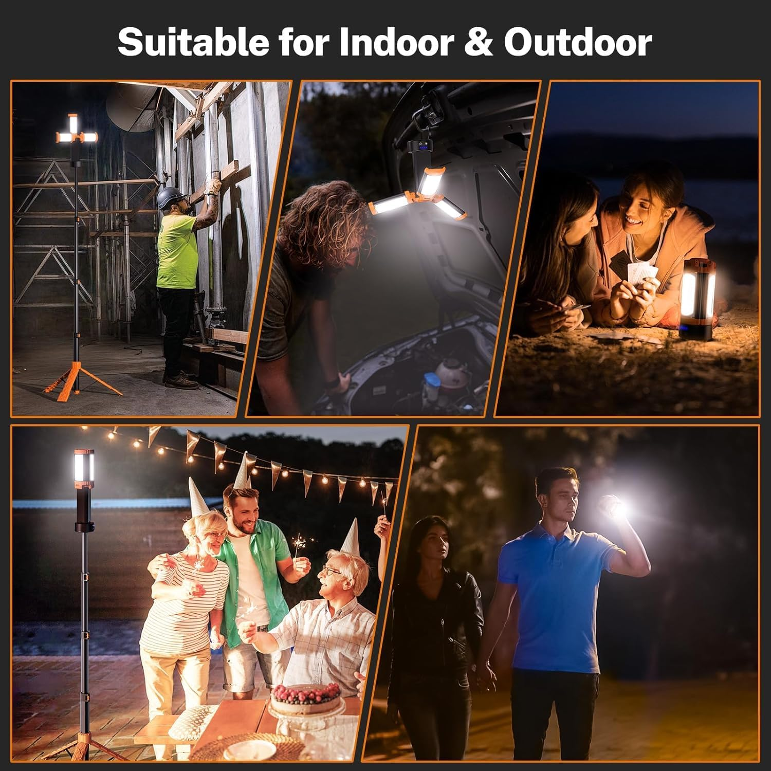 Rechargeable 10000Mah Camping Light, Portable Camping Light with Stand, Cordless Work Light with 3 LED Lamp Heads, Dimmable Magnetic Emergency Flashlight with Detachable Tripod, Orange image number 2