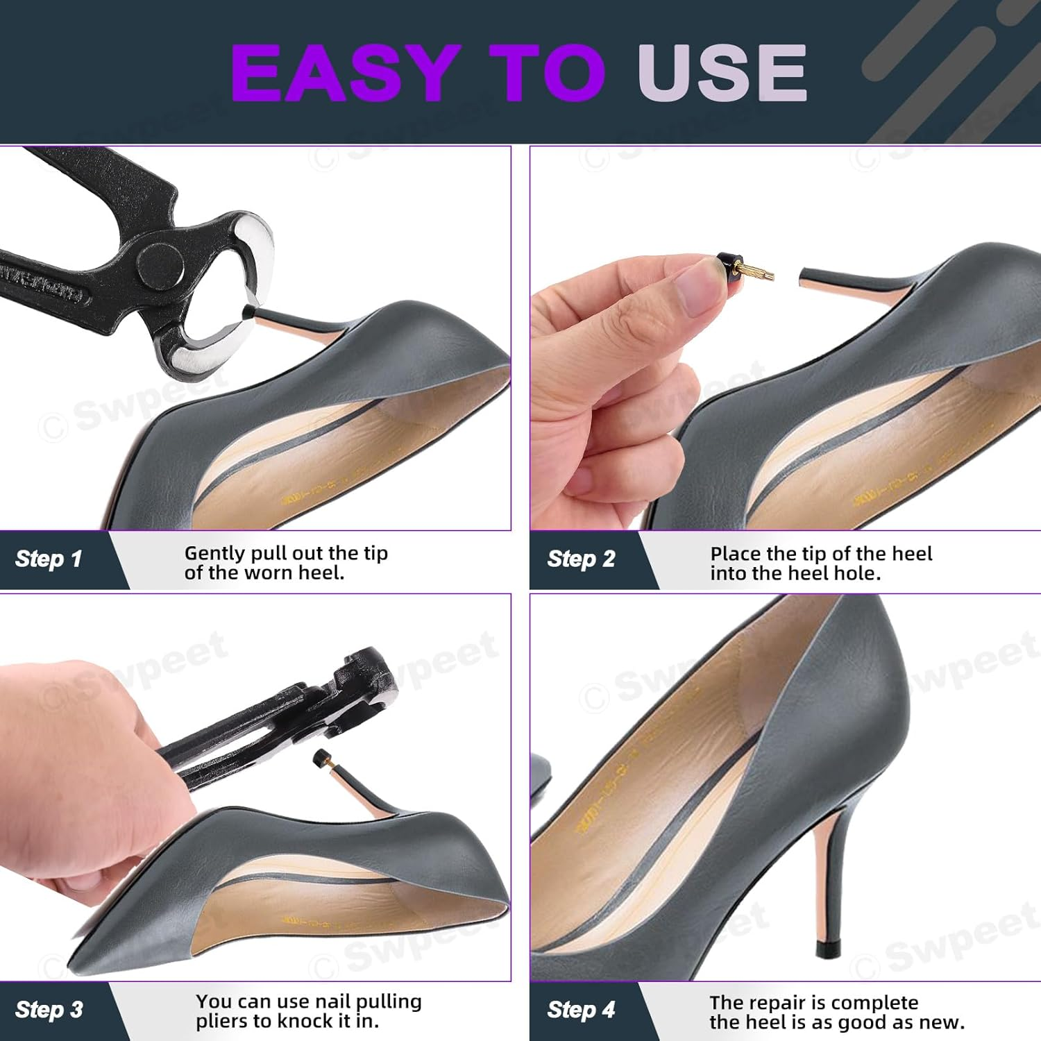 Swpeet 30 Pairs 8X8Mm 9X9Mm 10X10Mm 11X11Mm 12X12Mm Women'S High Heel Shoes Replacement Tips Pin, Women'S High Heel Repair Tool Kits 2 Different Pins Diamete with 6" Heel Pliers for Repairing Shoes image number 5