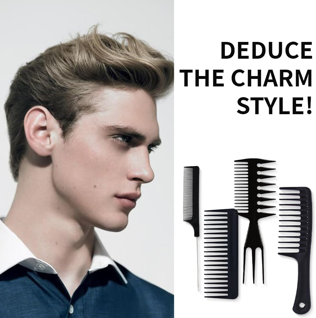 CATOR 4 Pieces Styling Comb Men'S Set Styling Comb Men Professional Wide Teeth Slick Back Hair Comb Rat Tail Hair Brush Detangling Comb and Teasing Comb for Men Hairdressers Salon, Black image number 5