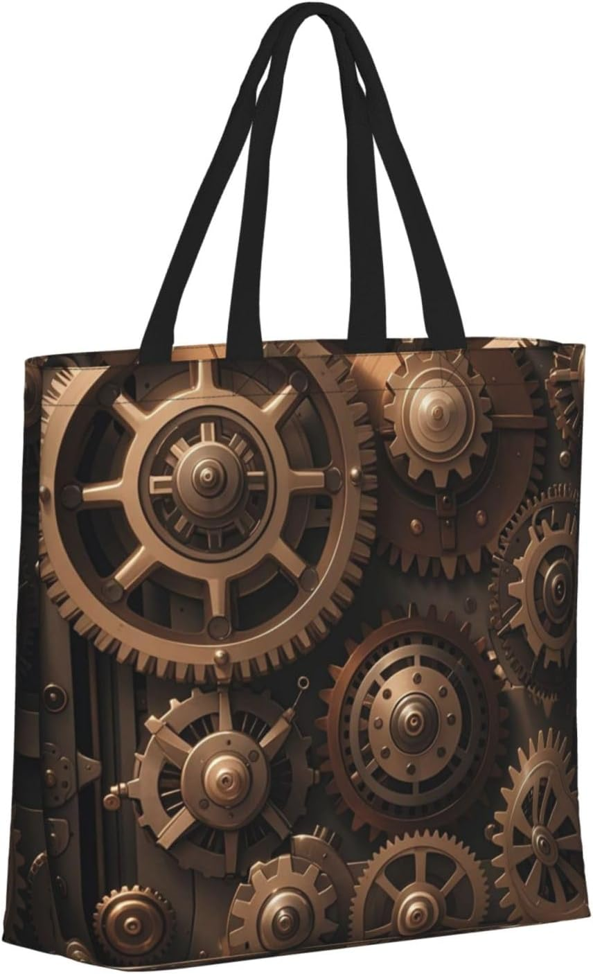 STVYUKL Steampunk Mechanical Gears Tote Bag for Women Casual Portable Shopping Handbags with Zipper Inner Pocket Reusable Waterproof Beach Grocery Bag for Shopping Travel Work, Black, One Size image number 4