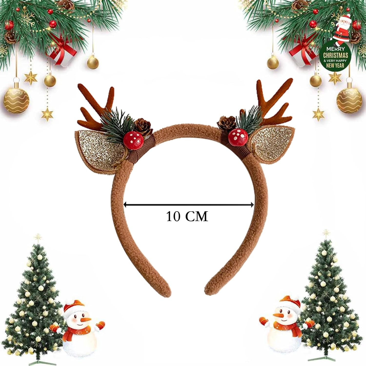 Deer Antler Headband Brown Reindeer Antlers with Mushroom Pine Branches - Christmas Hair Hoop, Deer Ears Animal Fluffy Headpiece Accessories for Christmas Halloween Makeup Party (1 Pcs)