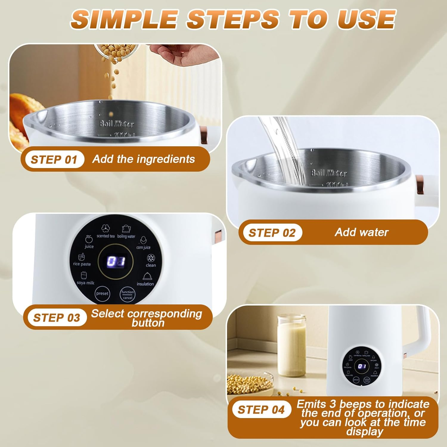 Nut Milk Maker Machine,Soy Milk Maker,1L Soup Maker with LED Display,Milky Plant Machine with Timer|Auto-Clean|Filter Free|Keep Warm,For Homemade Soy Almond Plant Oat Milks,Milkshake,Porridges image number 6