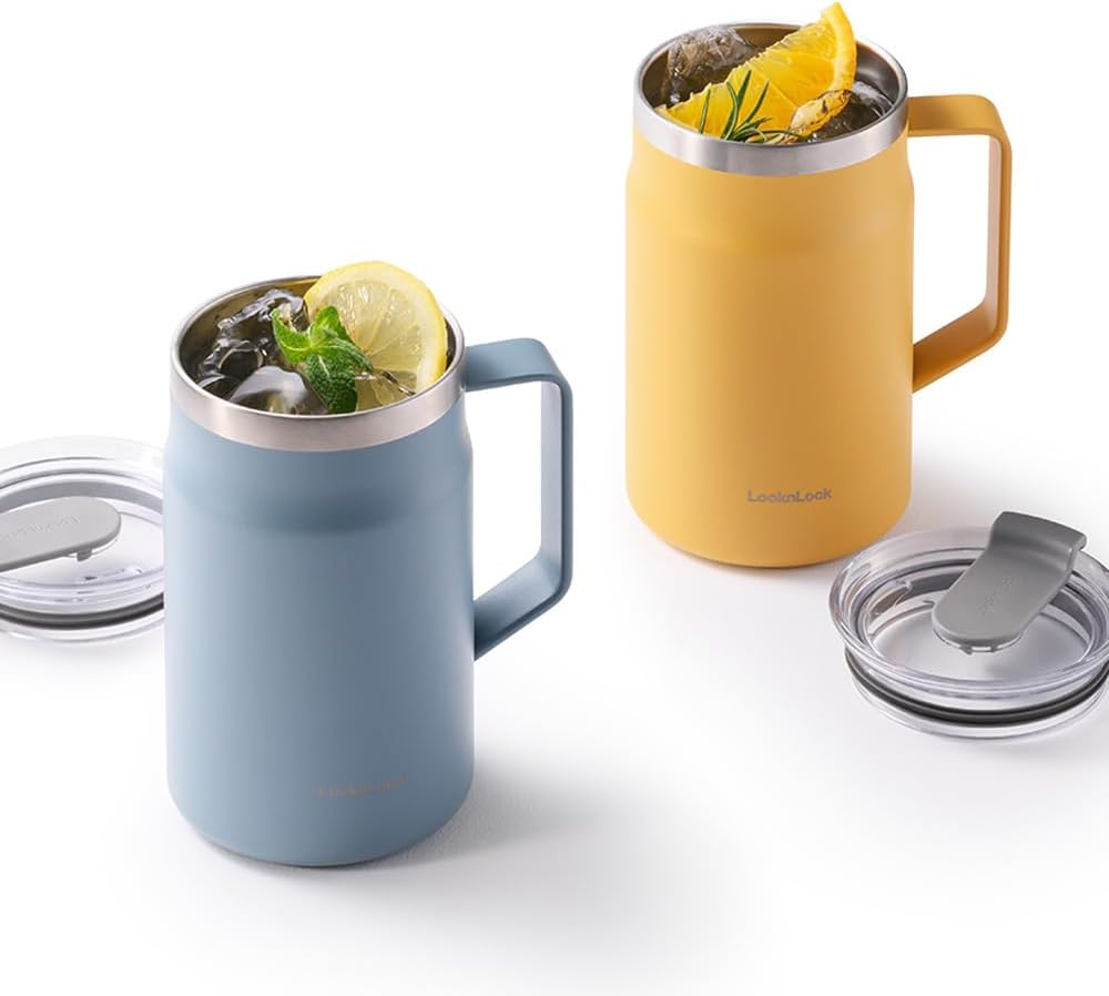 Locknlock Metro Mug Premium 18/8 Stainless Steel Double Wall Insulated with Handle Perfect for Table with Lid, Yellow, 20 Oz image number 6