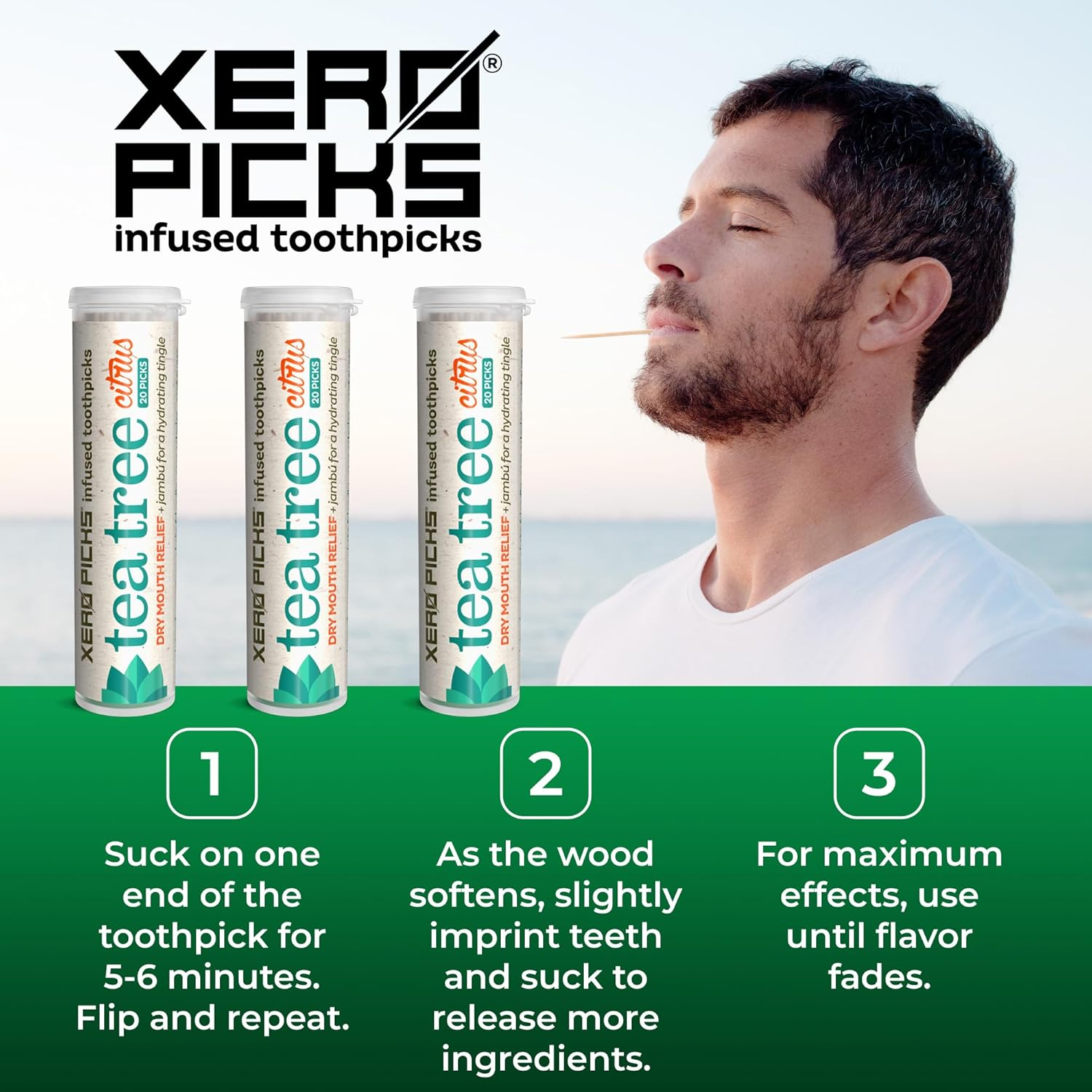 Xero Picks Tea Tree - Infused Flavored Toothpicks for Long Lasting Fresh Breath & Dry Mouth Prevention - 60 Picks - 3 Pack - Citrus image number 2