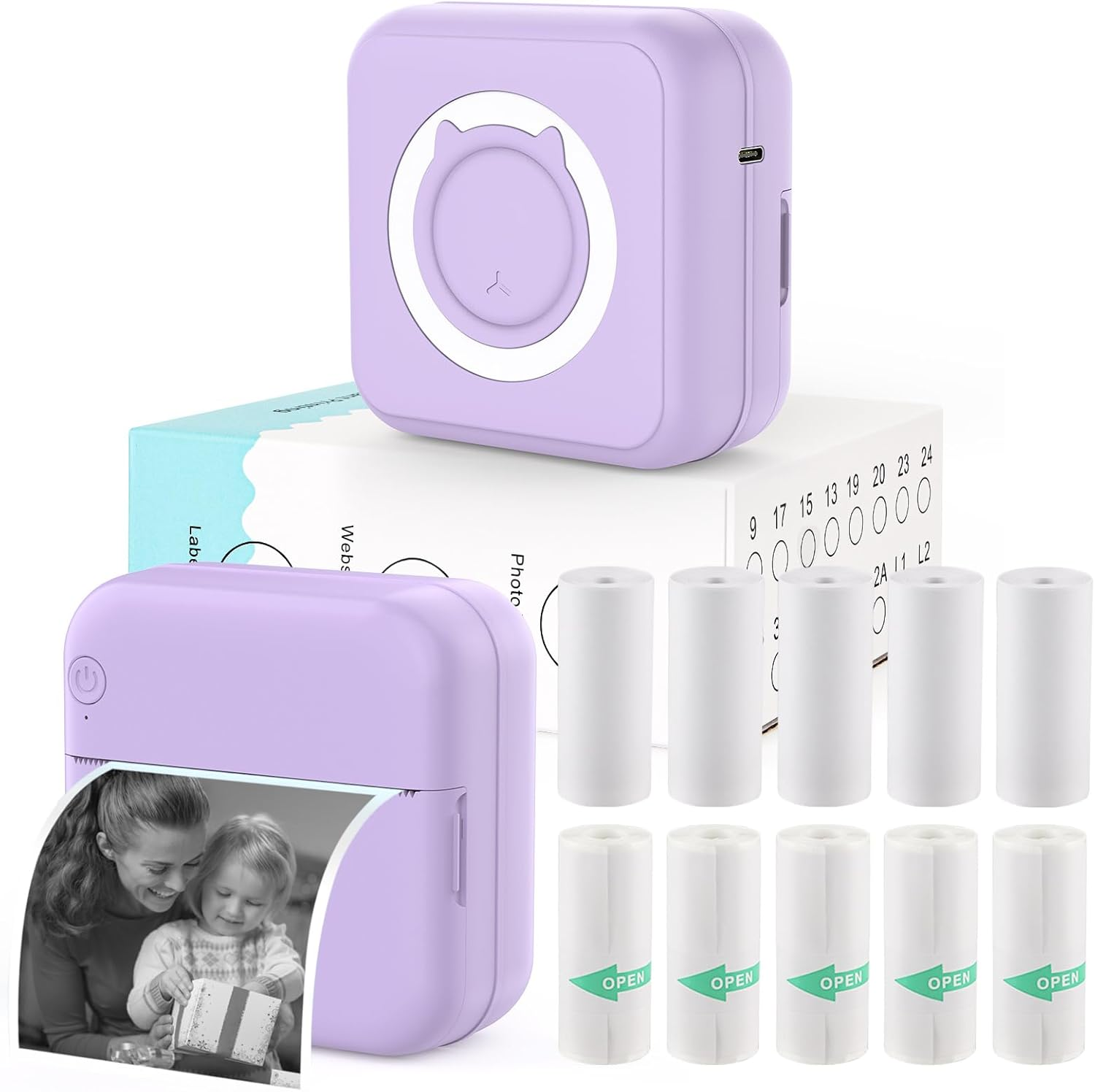 Mini Sticker Printer - Mini Pocket Printer for Iphone Thermal Printer with 10 Rolls Thermal Paper for Journal, Memo, Photo, Purple