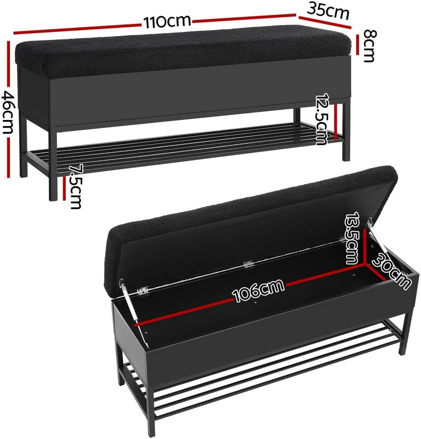 Artiss Upholstered Storage Ottoman, Ottoman Bench Foot Rest Stool Blanket Box Chest Footstool with Open Shelf Bedroom Living Room Indoor, 110Cm Length Boucle Seat Black image number 3