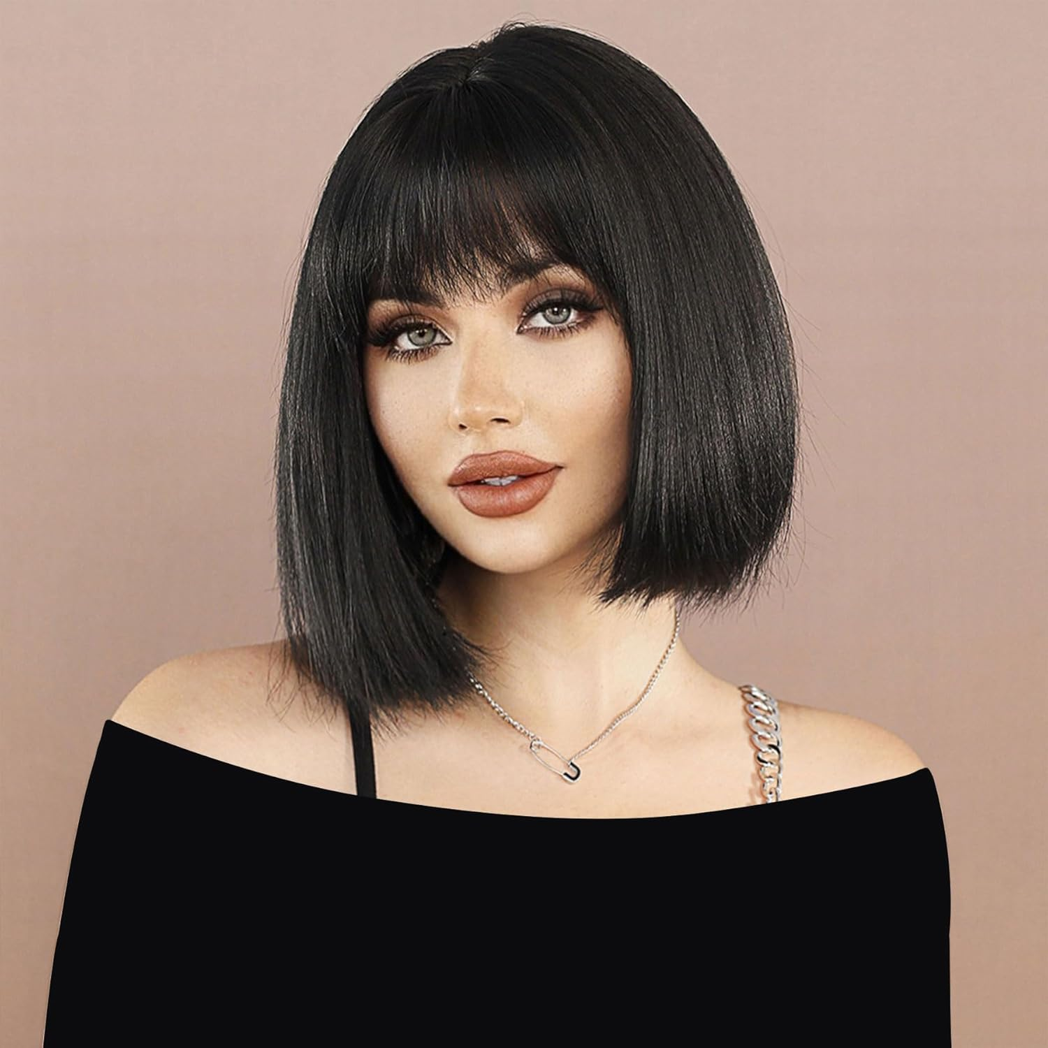 Women'S Straight Black Bob Wig with Bangs, Short Bangs, Natural Wig Heat Resistant Synthetic Black Wig (Black) image number 4