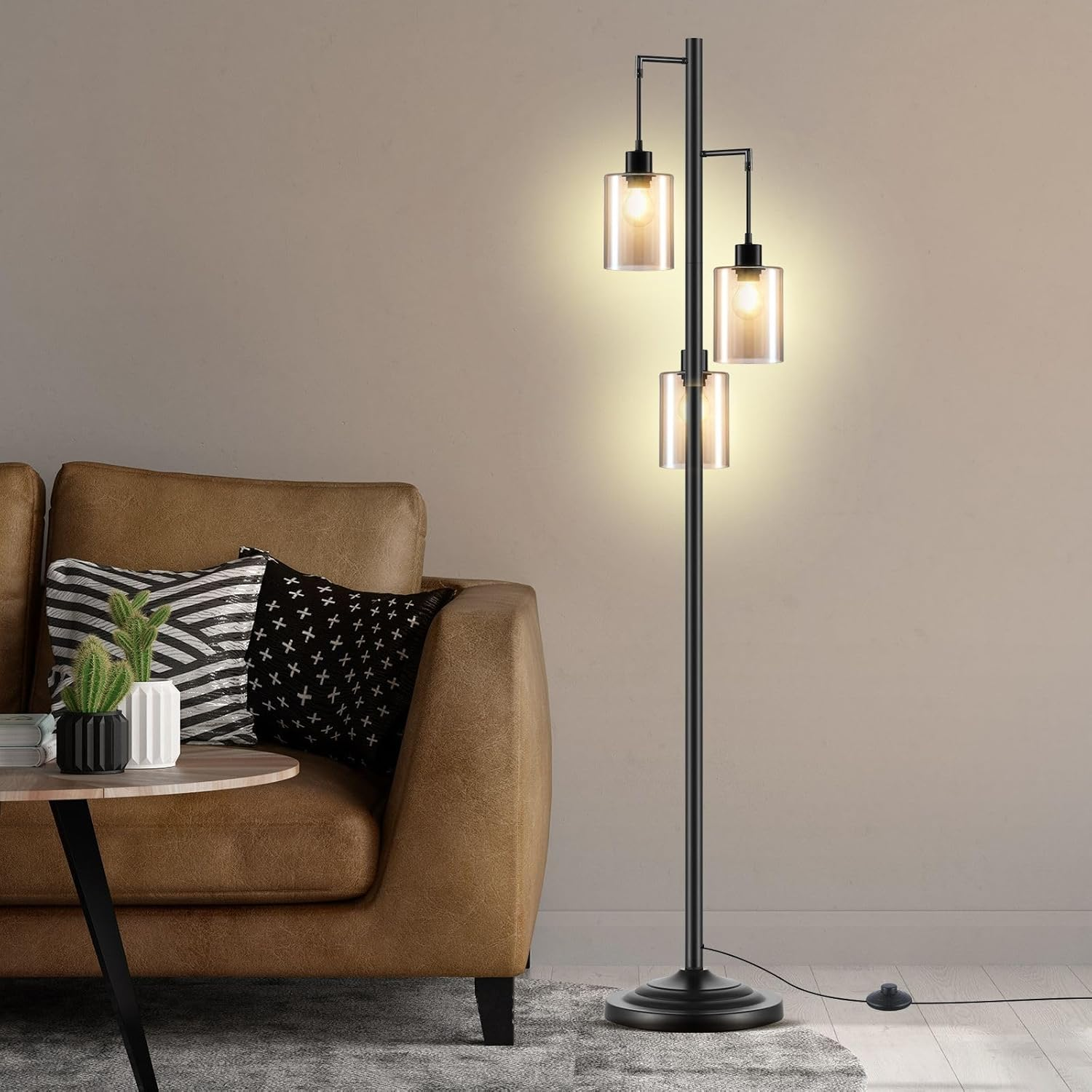 Modern LED Floor Lamp 3 Lights Black Standing Corner Reading Light Living Sitting Room Decor 165Cm with Glass Lampshades image number 4