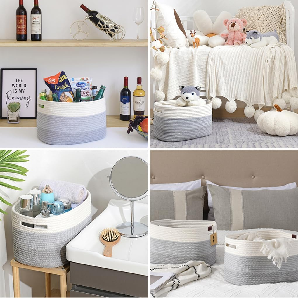 Delsol Cotton Rope Woven Basket, 3 Pack 38X26X23Cm Rectangle Storage Basket with Handle for Living Room, Bathroom, Blanket Clothes Pillows Laundry Hamper, Baby Nursery, Toy Organizer(White & Gray) - Beige image number 4