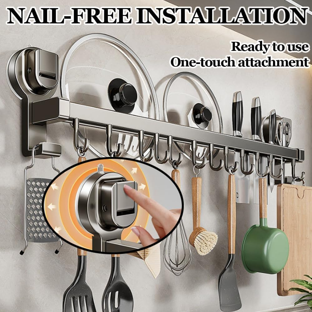 Kitchen Organizer, Kitchen Utensil Rack, Double Rod Wall Mount Hanging Shelf, Pot Hanging Rack, Kitchen Railing with Hooks for Pots and Pans, Gray (10 Hooks 50Cm) image number 5