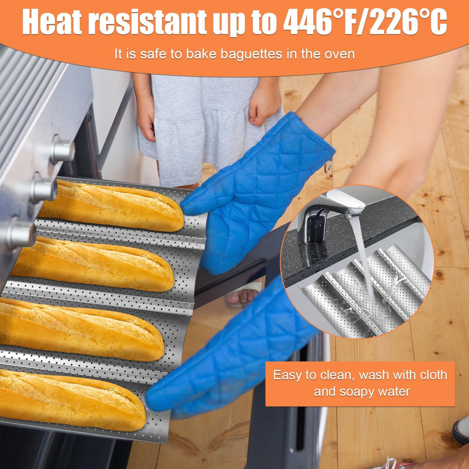 Lasuroa French Bread Baking Pan with Professional Proofing Cloth, 4 Loaves Baguette Bread Pan Long Sourdough Bread Baking Tray Perforated French Bread Pan for Professional & Home Baker image number 2