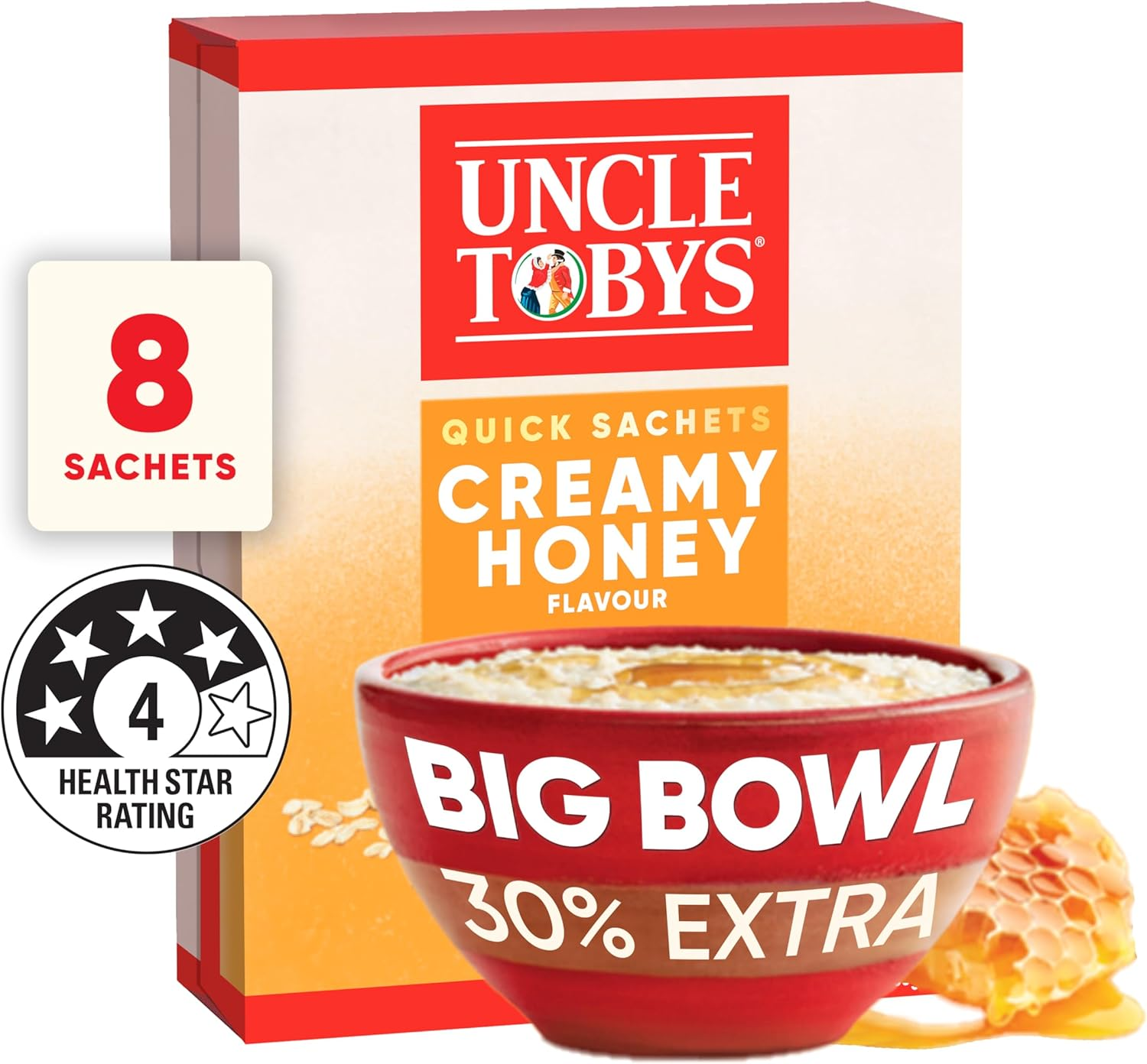 UNCLE TOBYS Oats Quick Sachets Honey, Big Bowl 30 Percent Extra, 8 Sachets