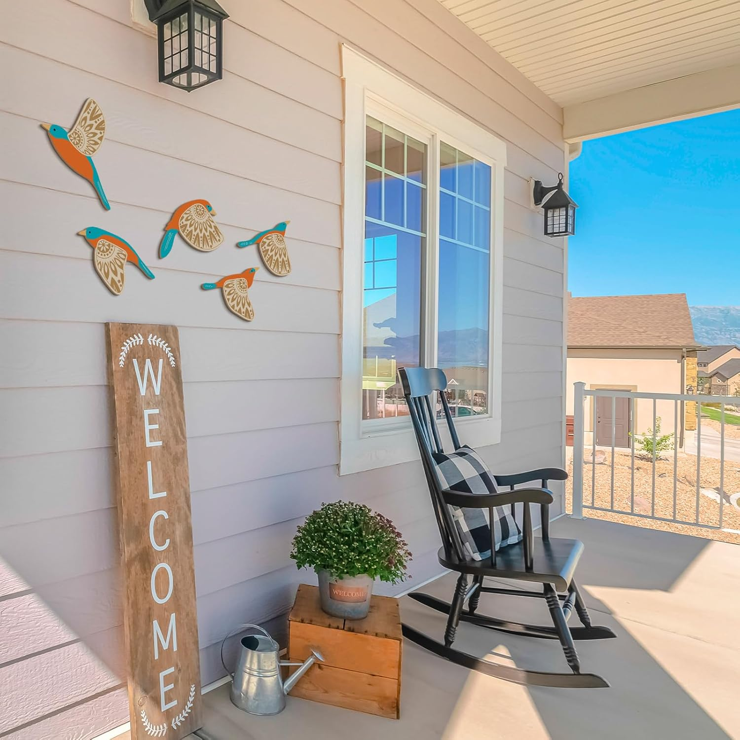 Barydat 5 Pcs Wooden Bird Wall Art Wood Flying Birds Wall Decor Rustic Folk Art Scandinavian Home Decor for Gift Living Room Bedroom Kitchen Office(Teal) image number 2