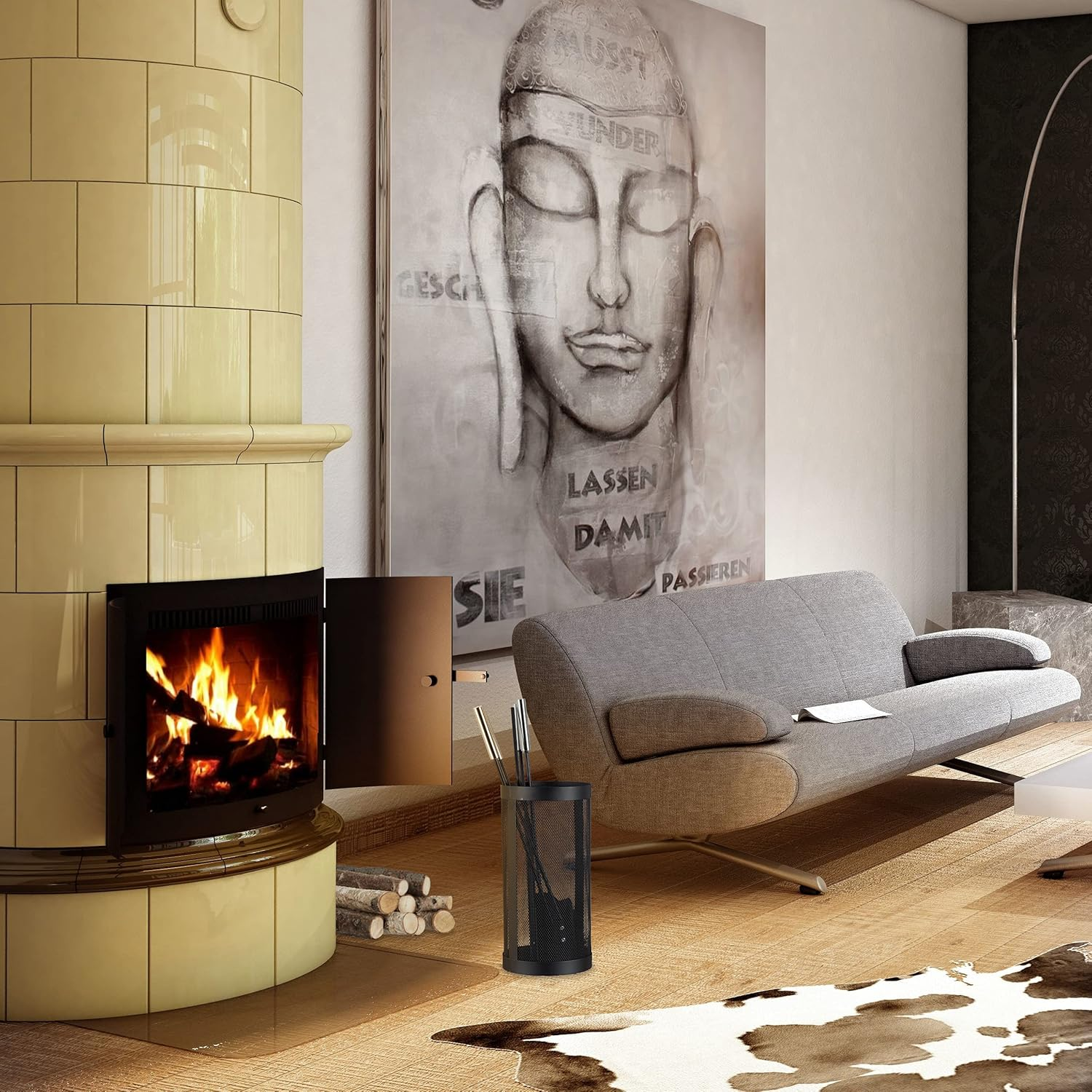 Relaxdays Modern Cast Fire Irons. 5-Piece Fireplace Companion Set with Shovel, Broom, Poker, Tongs and Stand, Black, 17 X 17 X 35 Cm image number 6