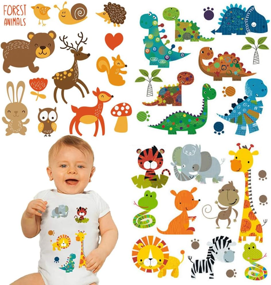 Kids Iron on Patches Heat Transfer Decals Dinosaur Stickers Cute Animal Appliques for Jackets Jeans T-Shirts Backpacks