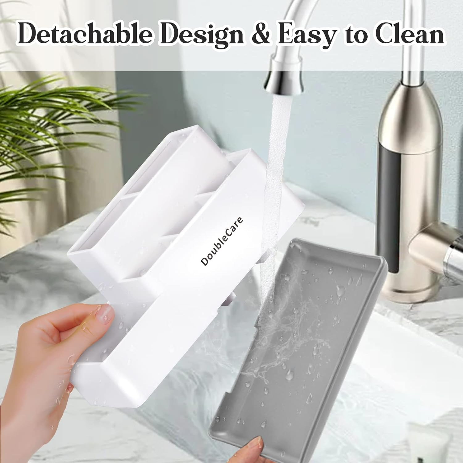 Toothbrush Holder with Anti-Slip,Bathroom Organizer Countertop Detachable for Easy Cleaning, Multifunctional Storage,Bathroom Caddy for Toothpaste (White) - Marble White image number 5