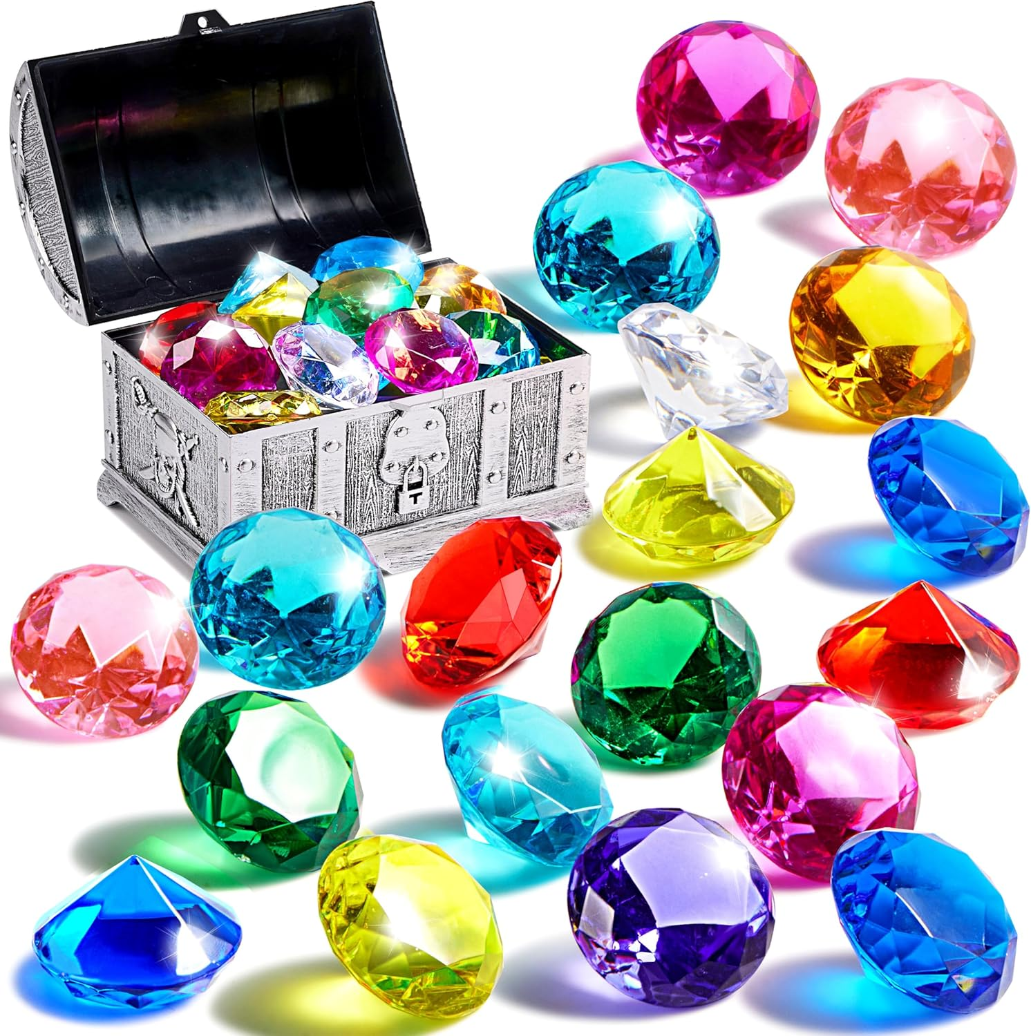 Sloosh Diving Gems Pool Toys,16 Big Colorful Diamond with Pirate Treasure Chest,Swim Dive Toy for Kids Underwater Gemstone Swimming Training Gift Water Toys Pool Games(Silver) image number 1