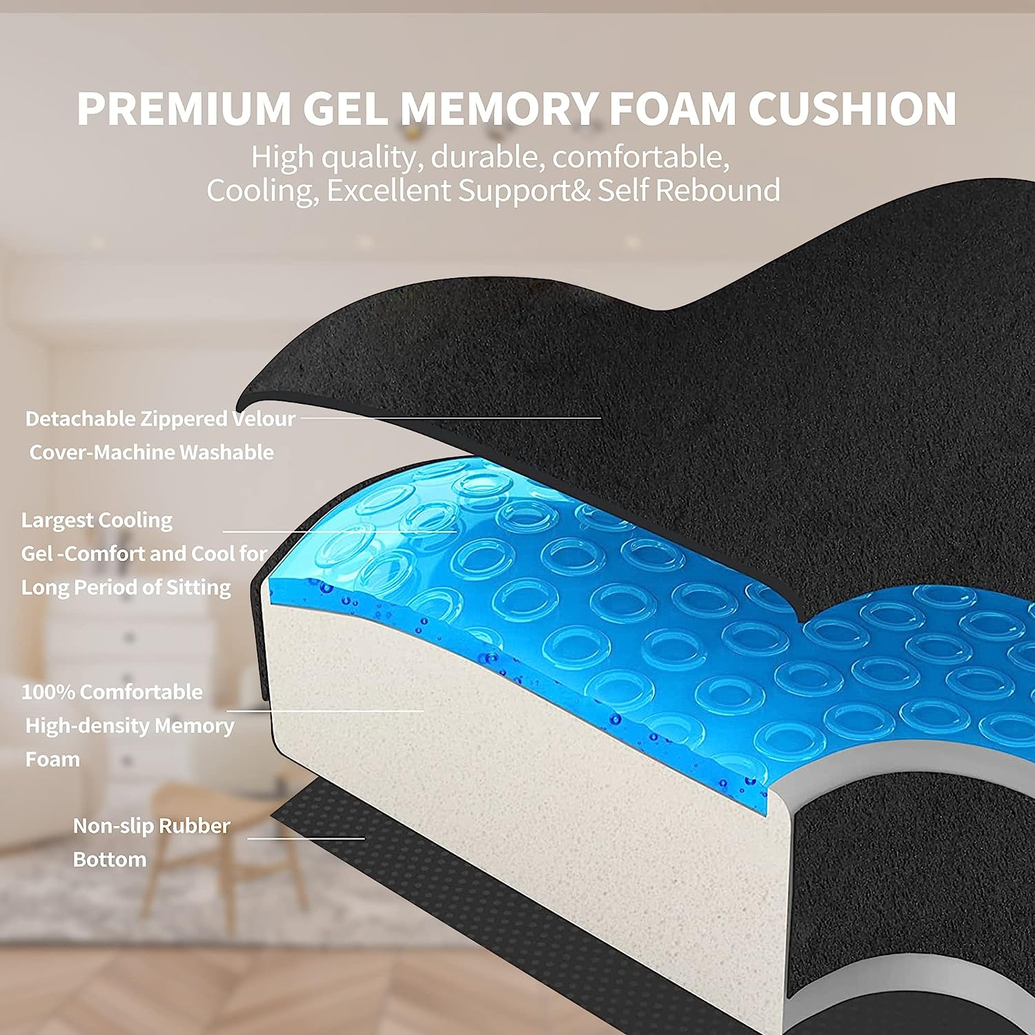 Cooling Gel Seat Cushion for Long Sitting - Memory Foam Chair Pillow for Sciatica Pain Relief - Orthopedic Gel & Memory Foam Coccyx Pad for Tailbone Pain - Office Chair Cushion for Back Pain - Black image number 6