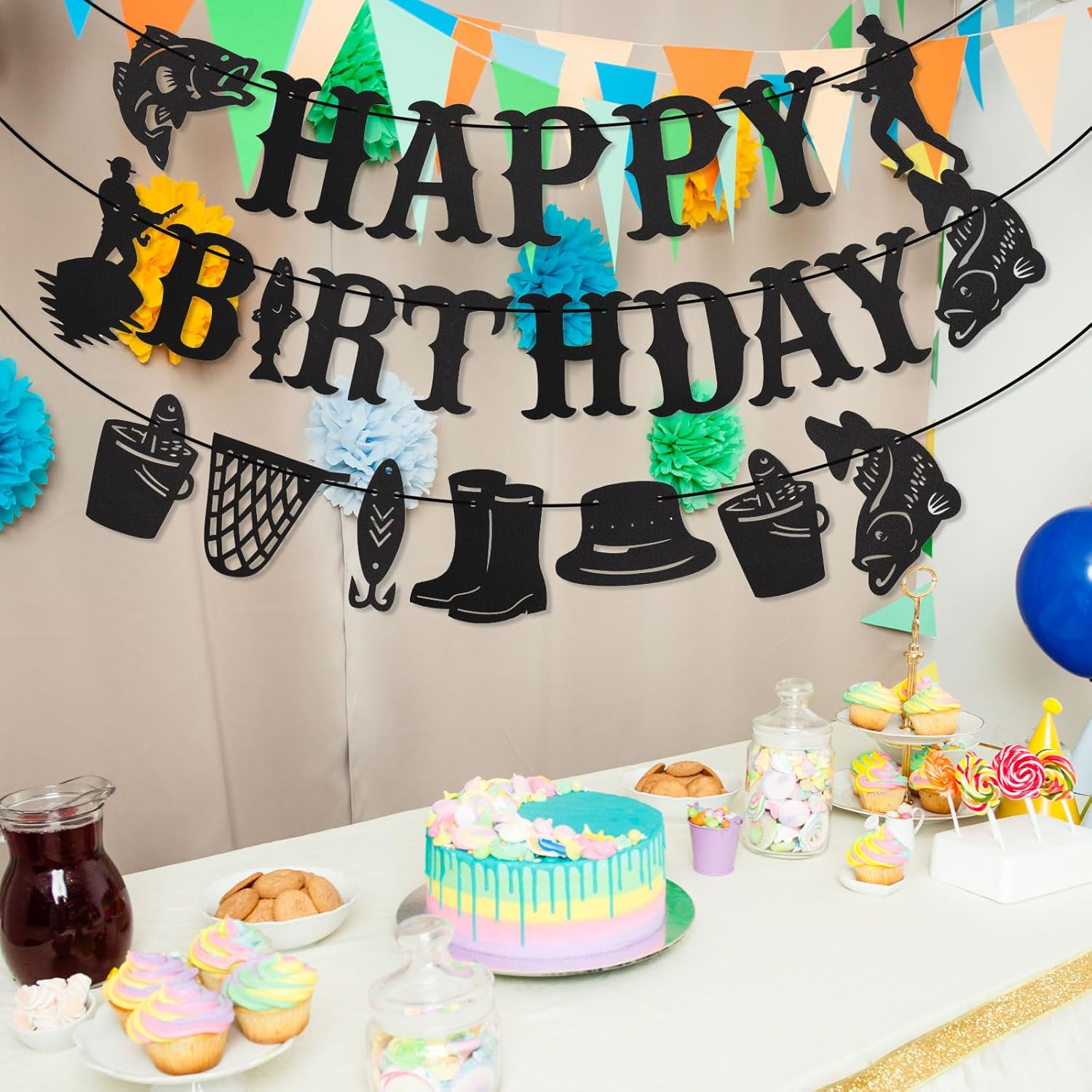 Fishing Birthday Banner, Happy Birthday Fishing Fish Fishing Net Boot Element Banner for Hanging on Fishing Line Decoration for Fish Birthday Party Birthday image number 2