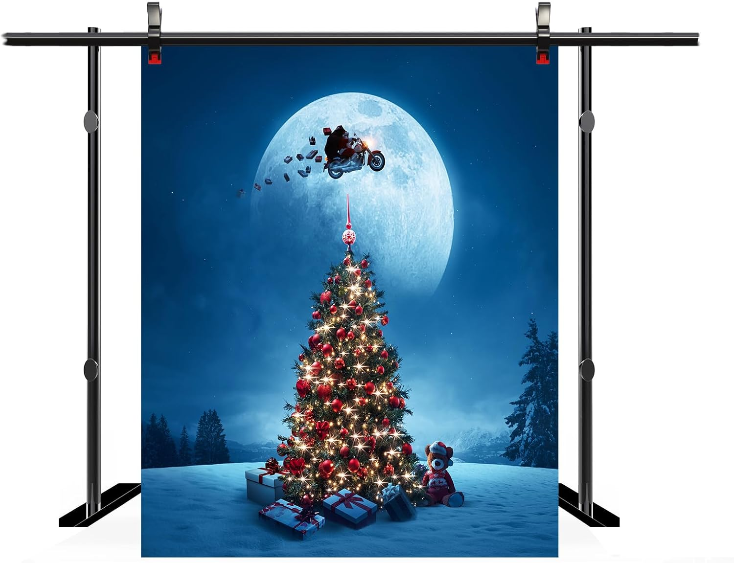 5X7Ft Christmas Tree Backdrop Winter Wonderland Santa Claus Full Moon Pine Forest Gift Boxes Bear Starry Sky Background Winter Christmas Eve New Year Party Decor Photo Booth Studio Props image number 2