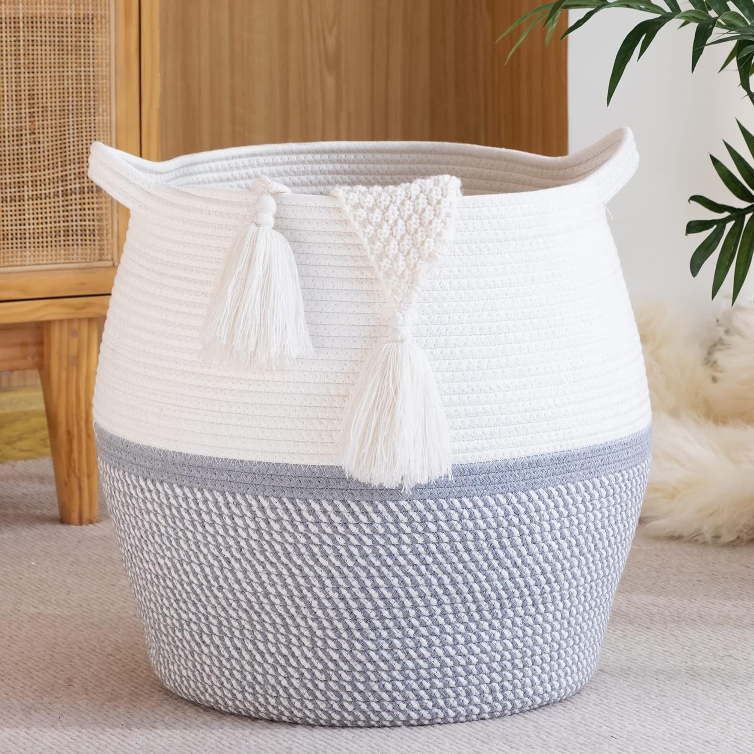 KAKAMAY Woven Baskets for Storage(17"X17"),Large Cotton Rope Basket Baby Laundry Hamper,Collapsible Basket, Blanket Organizing Living Room,Nursery,Clothes,Toy Chest (Black)