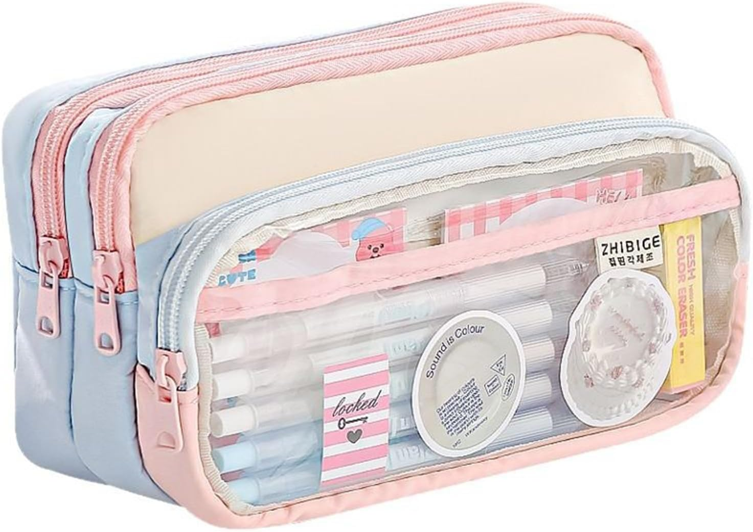 Pencil Case Large Capacity Aesthetic Pencil Case with 4 Compartments Zip Smoothy Pencil Case for Middle School College Office Student Girls Gift, Blue and Pink, Pencil Case image number 1
