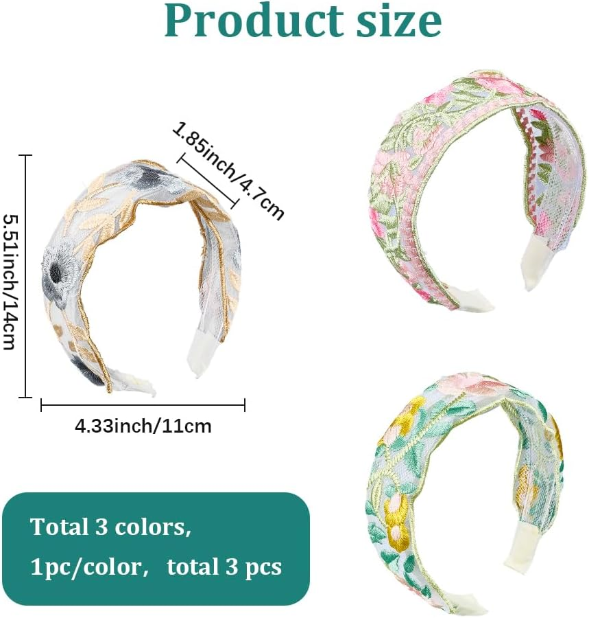 CABODYALS Pack of 3 3 Colours Colourful Floral Lace Headband Floral Embroidery Boho Vintage Hair Bands Fashionable Wide Elastic Embroidered Headband Set for Women Wedding Outfit Dress Hair Acc image number 1